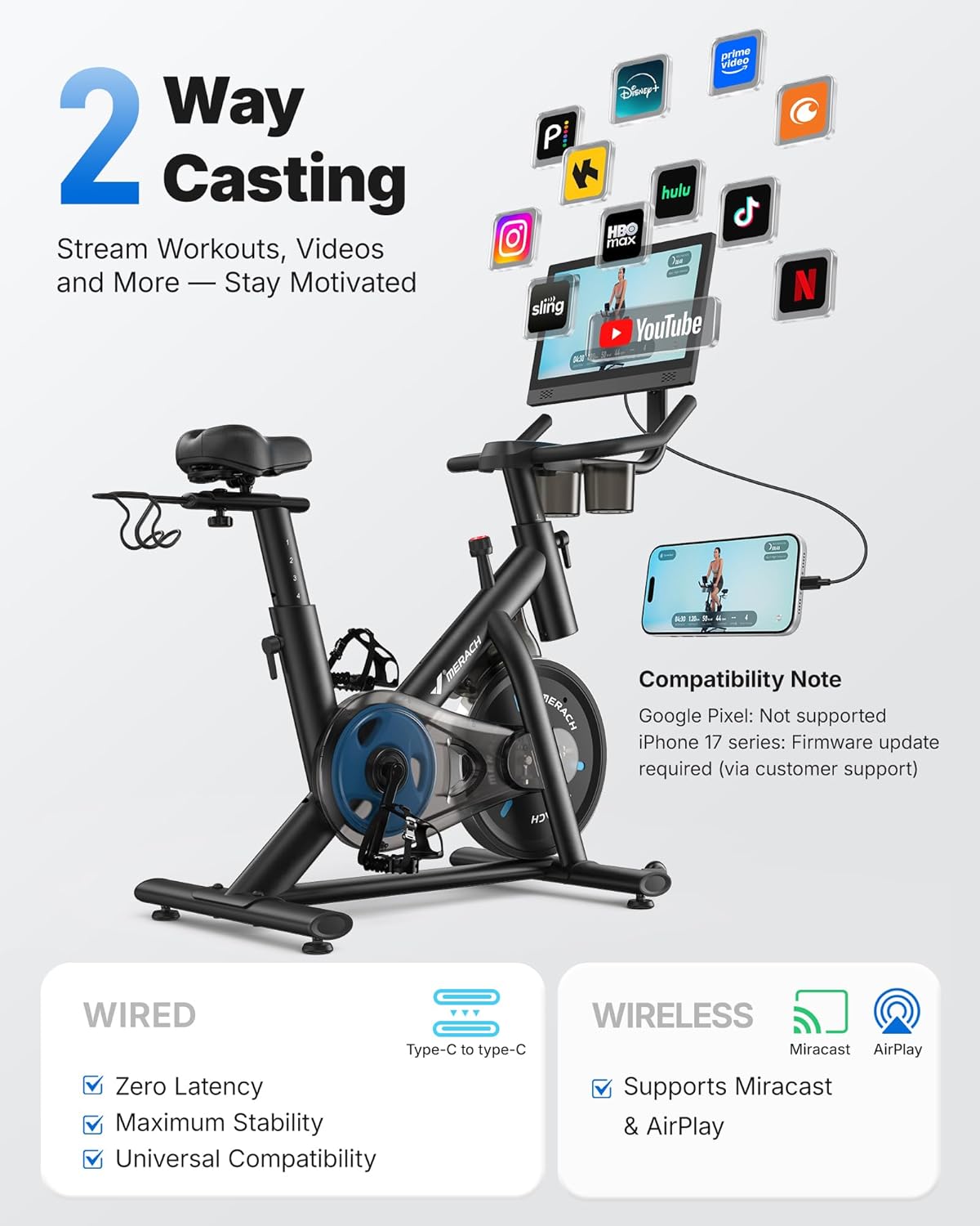 2 Way Casting  
Stream Workouts, Videos and More — Stay Motivated  

Compatibility Note:  
Google Pixel: Not supported  
iPhone 17 series: Firmware update required (via customer support)  

WIRED  
- Zero Latency  
- Maximum Stability  
- Universal Compatibility  

WIRELESS  
- Supports Miracast & AirPlay  

Supported Apps:  
- Prime Video  
- Disney+  
- Hulu  
- HBO Max  
- Sling  
- YouTube  
- Netflix  
- TikTok  
- Instagram  
- Pinterest