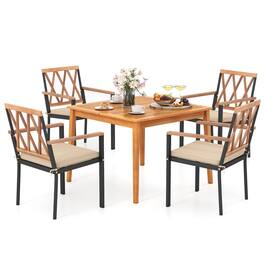 Gymax - Set Of 5 Patio Acacia Wood Dining Set w/ Soft Seat Cushions Umbrella Hole for Yard - Natural, Black