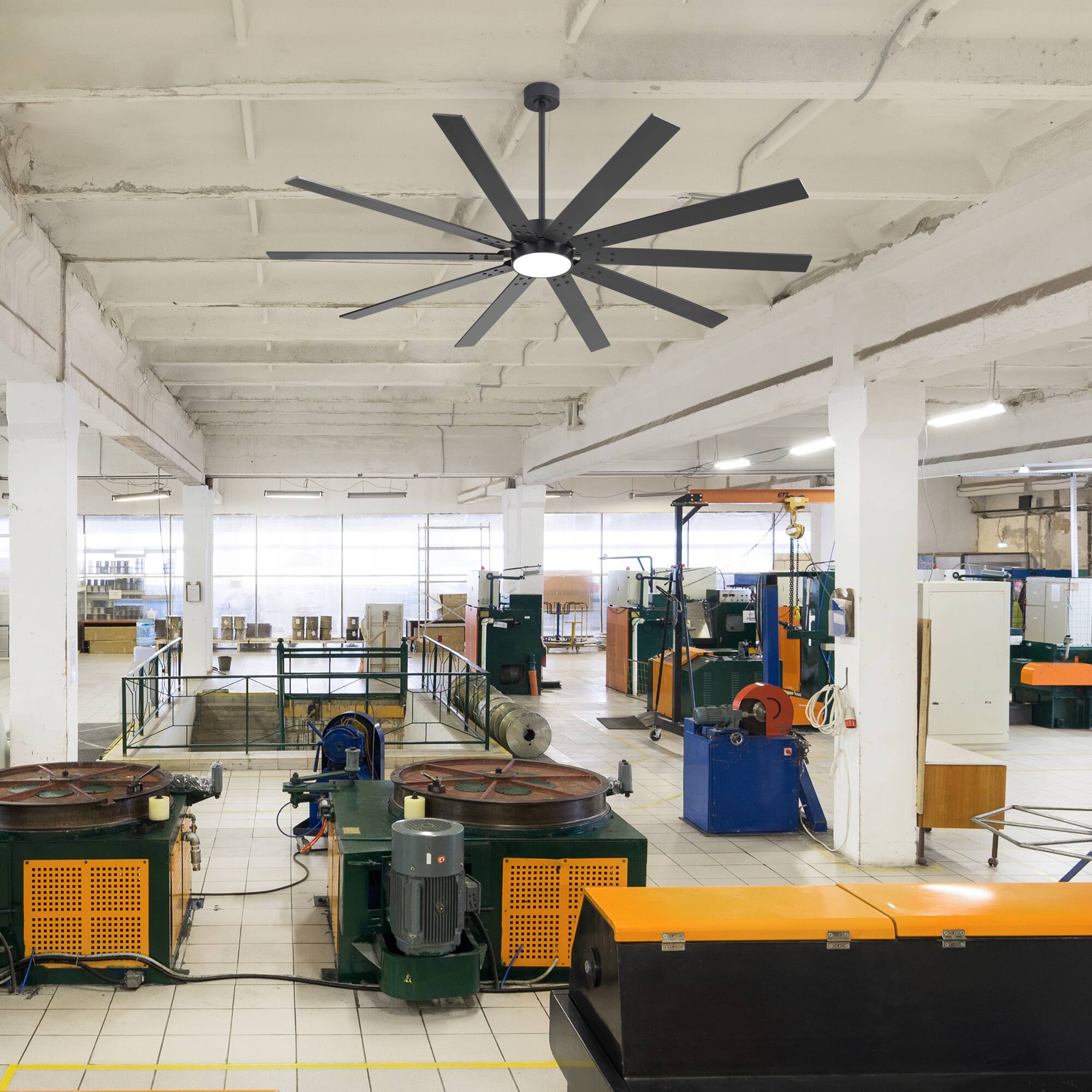 Left. Breezary - 84-Inch LED Ceiling Fan with 10 Plywood Blades,6/12/24-Inch Downrods, 6-Speed Remote Control - matte black and walnut.