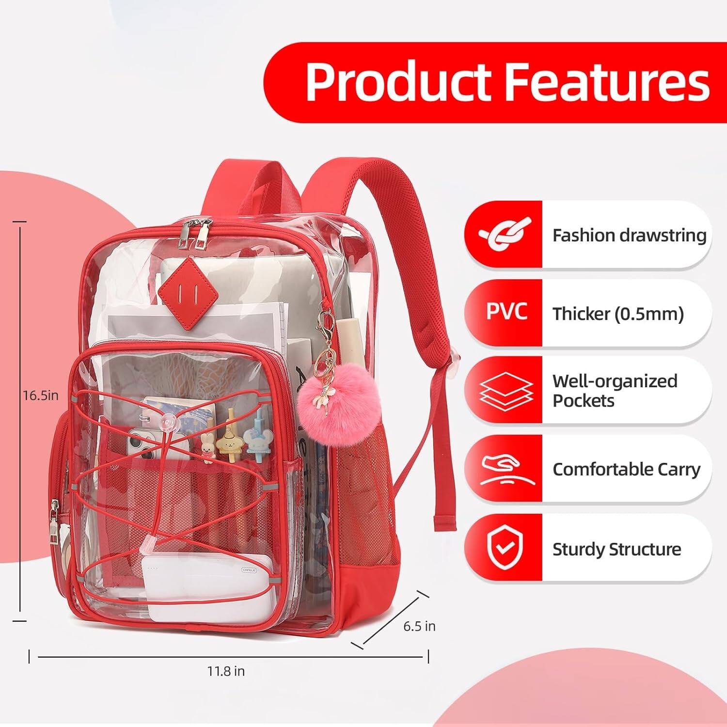 Product Features

- Fashion drawstring
- PVC Thicker (0.5mm)
- Well-organized Pockets
- Comfortable Carry
- Sturdy Structure

Dimensions:
- 16.5 in
- 11.8 in
- 6.5 in