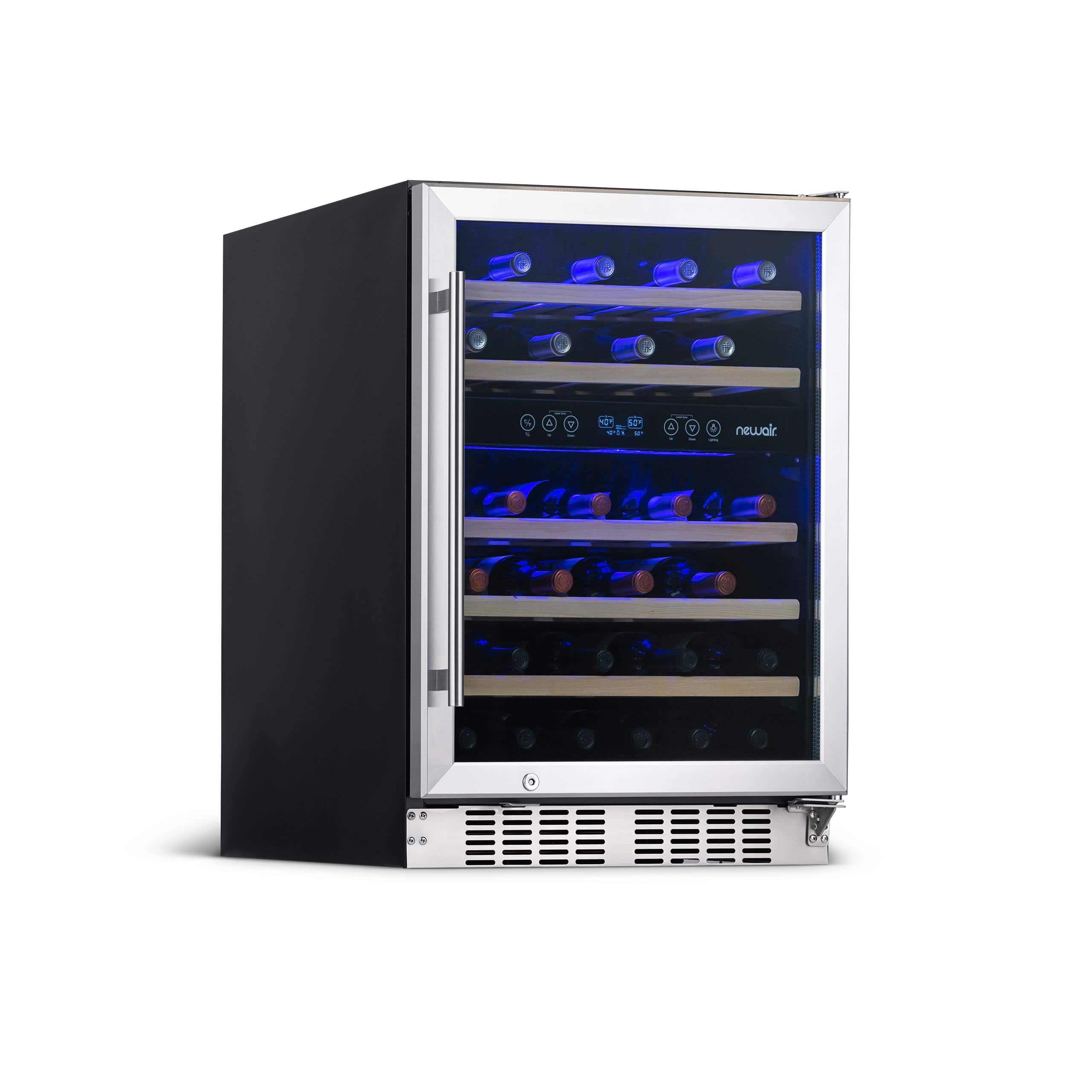NewAir - 24” 46-Bottle Dual Zone Built-in Wine Fridge with Beech Wood Shelves and Recessed Kickplate - Stainless Steel - Front_Zoom