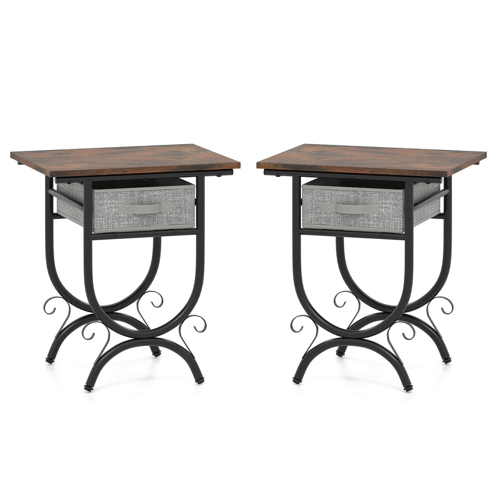 Angle. Costway - Costway 2 PCS Side Table with Fabric Drawer Carved Metal Frame End Table Nightstand - Black,Gray.