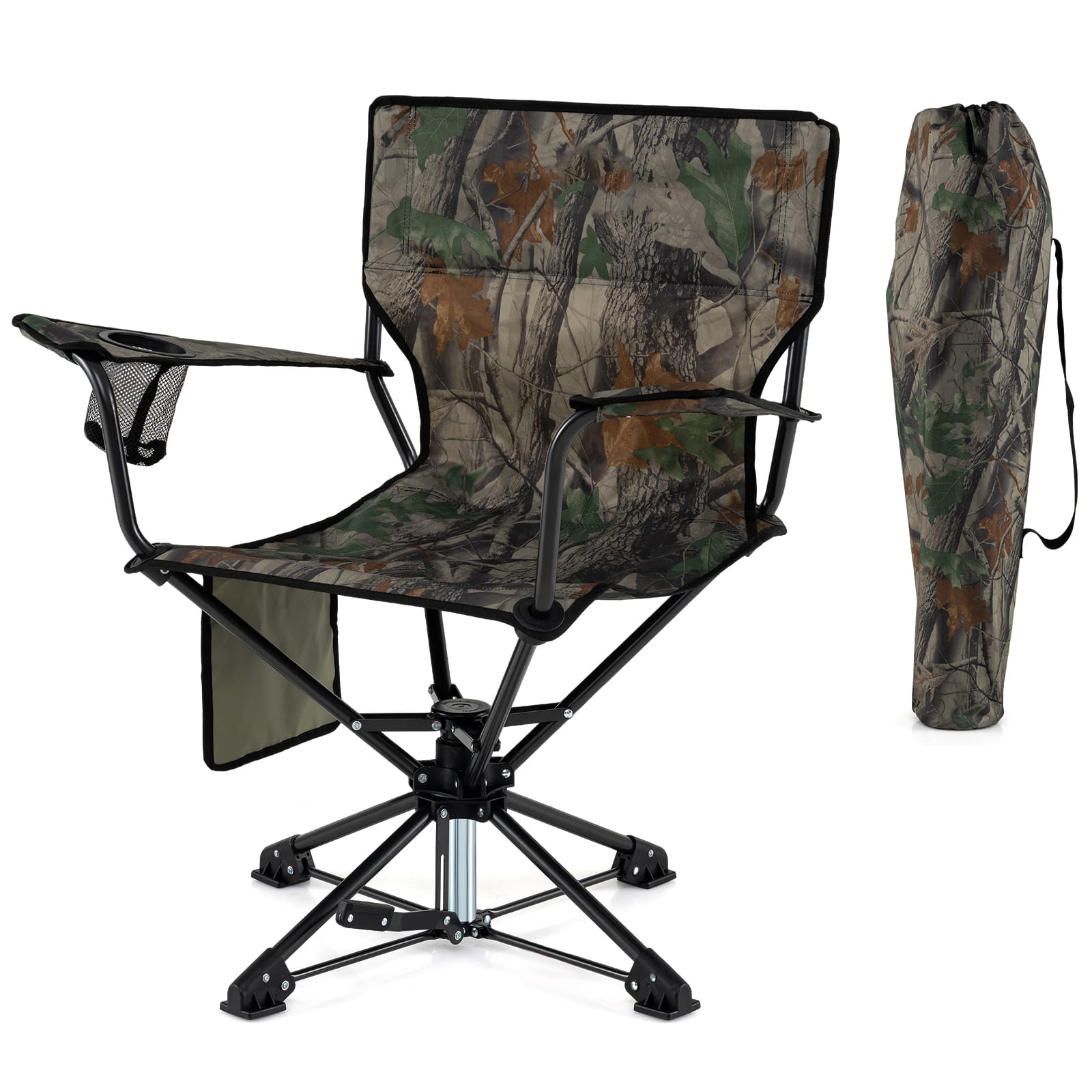 Costway - 1 PCS 360° Swivel Hunting Chair with Mesh Cup Holder & Storage Pockets Cozy Backrest - Camouflage