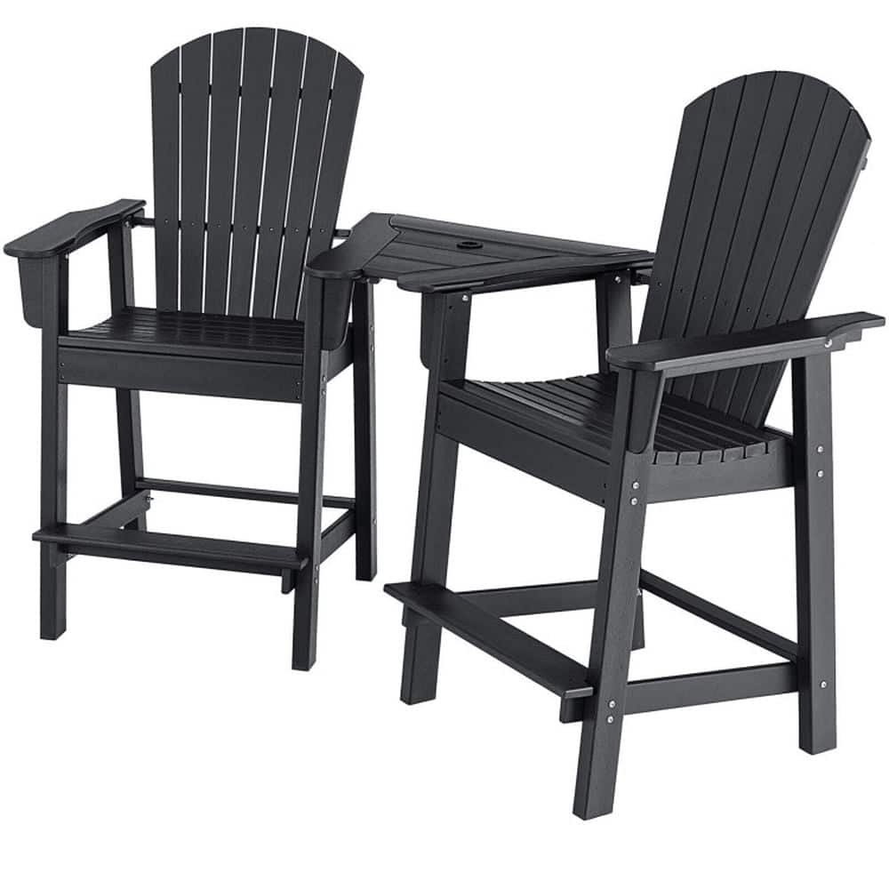 Pefilos - 2 Pieces HDPE Tall Chair with Footrest-Middle Connecting Tray, Double-Seat Barstool Set with Ergonomic Backrest 5" Wide - Black