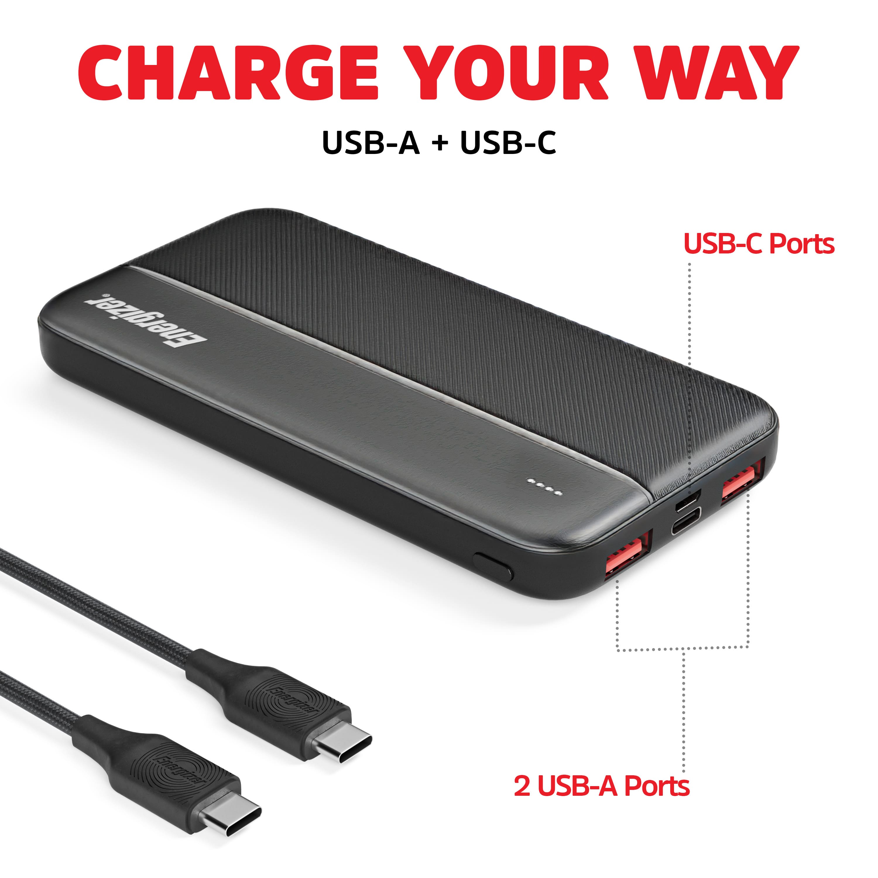Energizer Power Bank 10,000mAh, Portable Charger with USB C & USB
