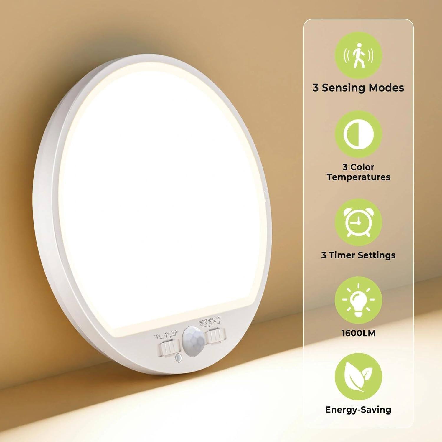 3 Sensing Modes  
3 Color Temperatures  
3 Timer Settings  
DAY & NIGHT  
1600LM  
Energy-Saving