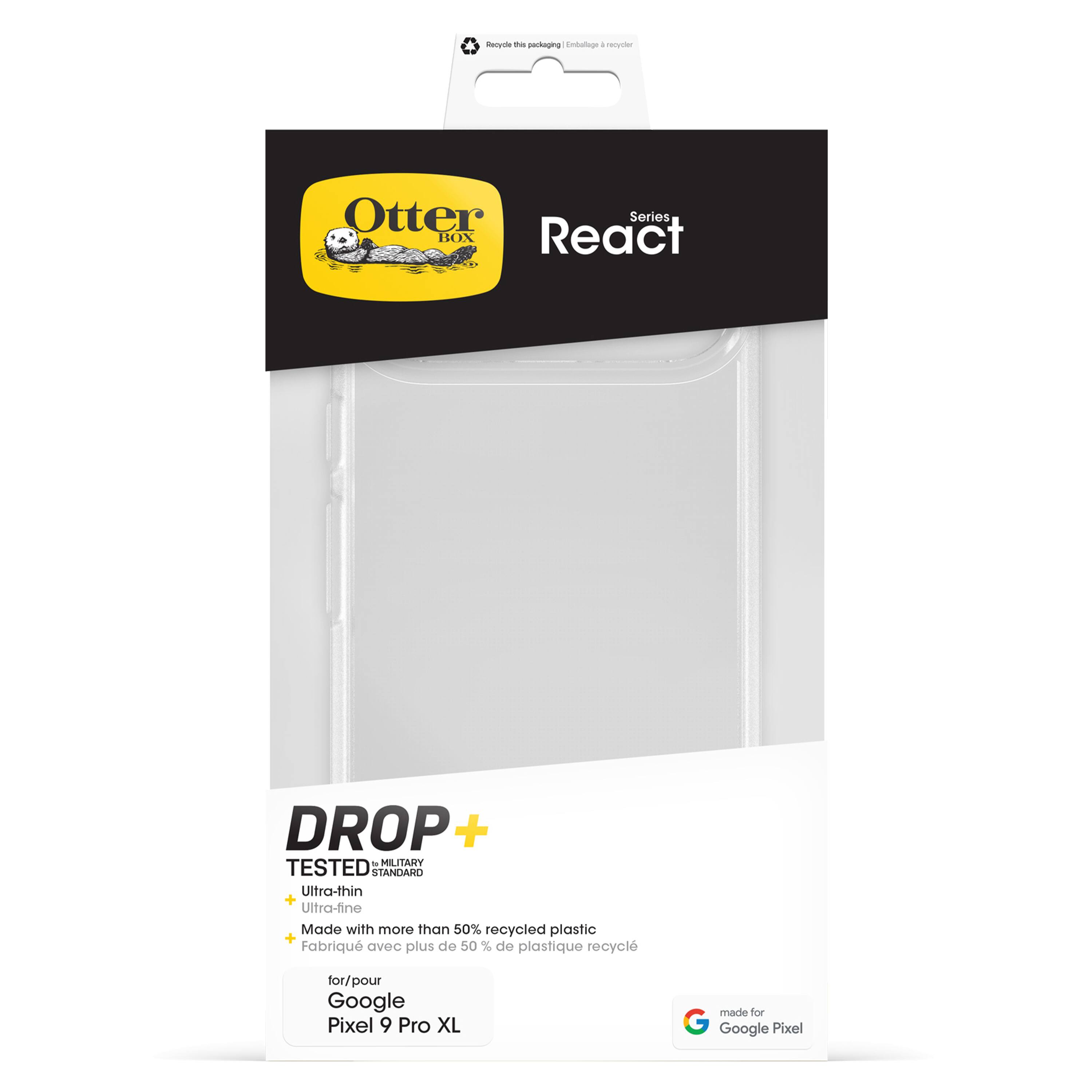 The text on the image reads: "Otterbox React DROP + TESTED STANDARD Ultra-thin + Ultra-fine Made with more than 50% recycled plastic Made with more than 50% recycled plastic for/pour Google Pixel 9 Pro XL."