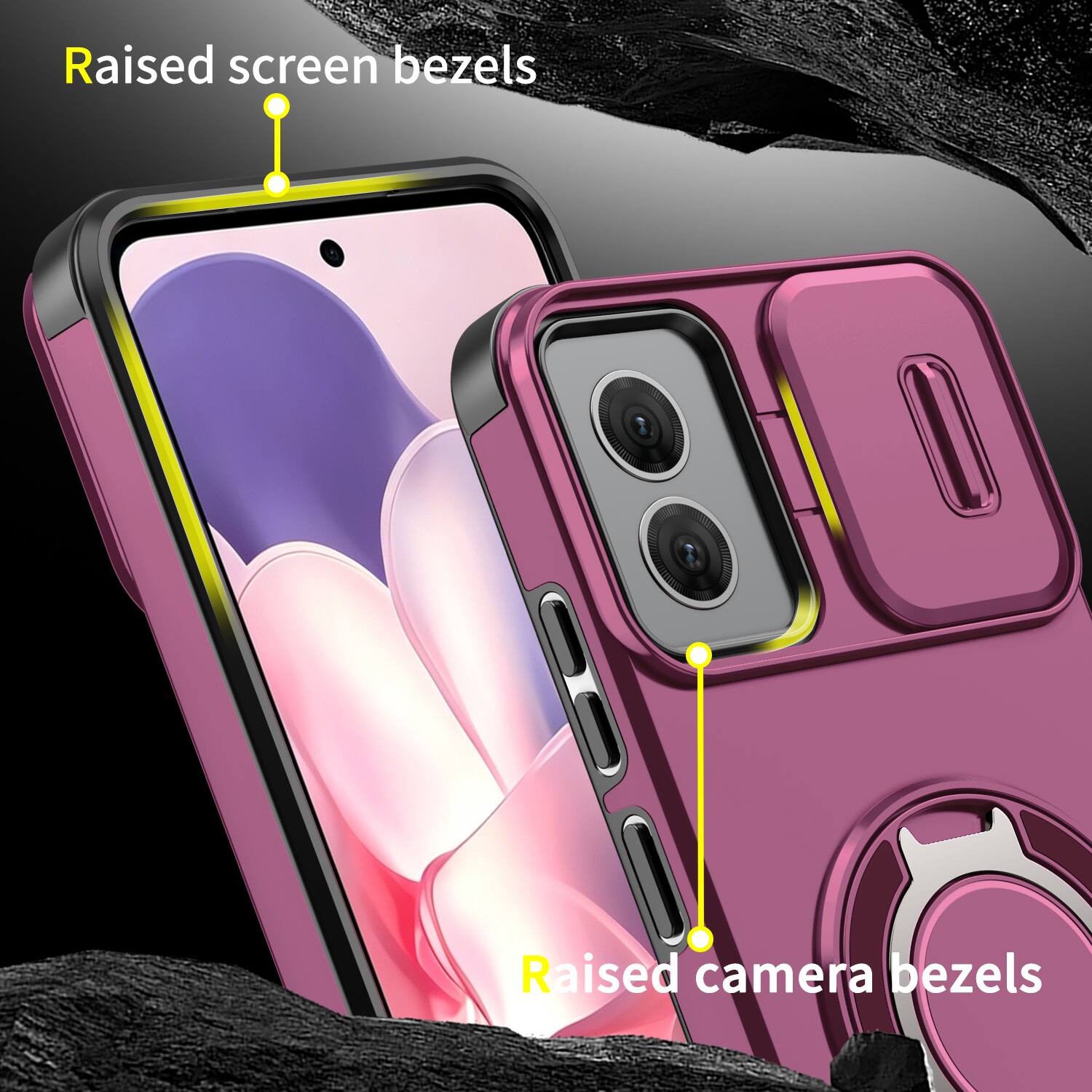 Raised screen bezels  
Raised camera bezels