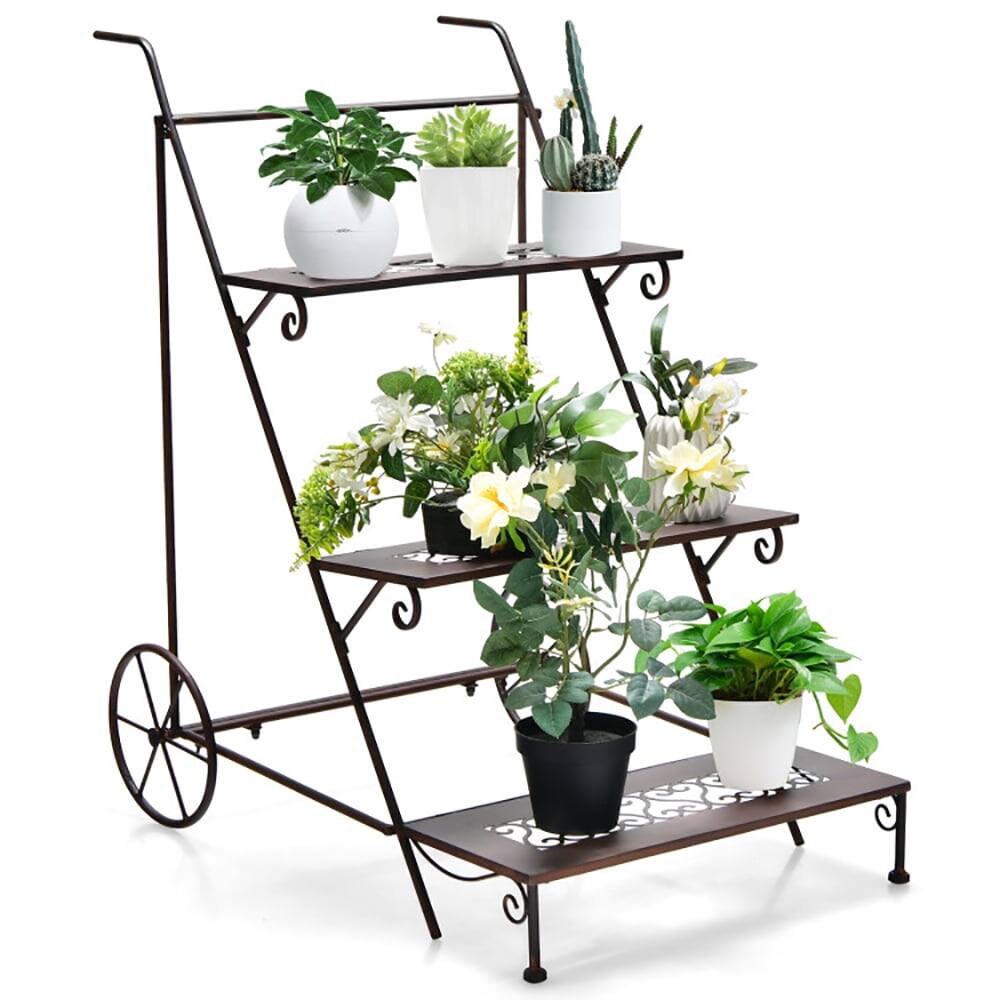 Angle. Kadyn - Raised Planter Stand, Large Space Flower Rack Shelf,3-Tier Metal Plant Stand with Wheels and Handle for Balcony.