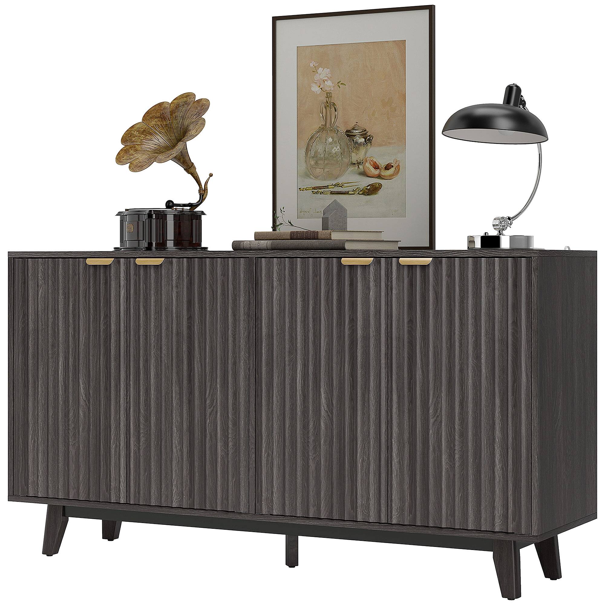 Homcom - Sideboard Buffet Cabinet, 55" Coffee Bar Cabinet with 4 Doors, 2 Adjustable Shelves, 5 Wood Legs - Dark Gray