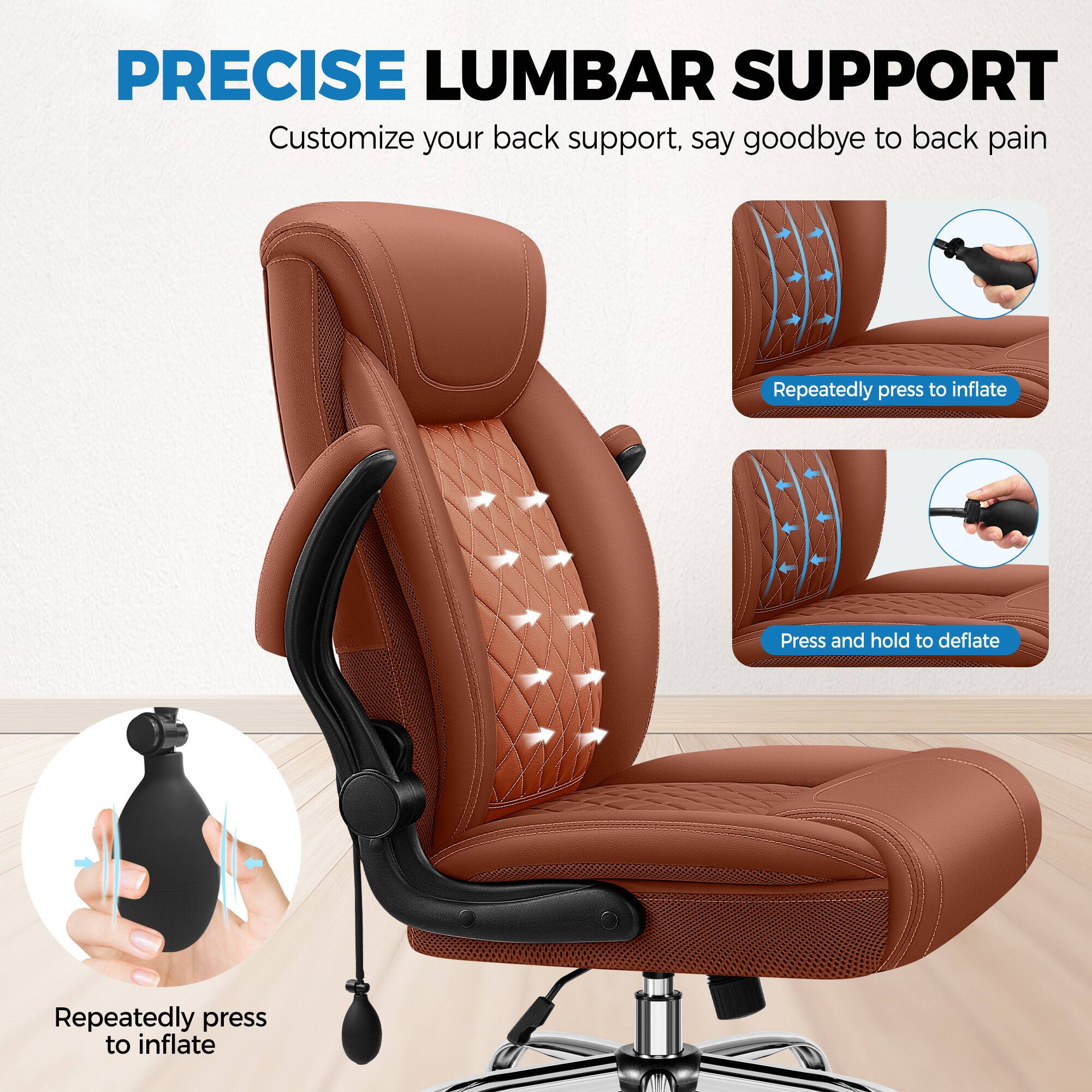 PRECISE LUMBAR SUPPORT  
Customize your back support, say goodbye to back pain  

Repeatedly press to inflate  
Press and hold to deflate  

Repeatedly press to inflate