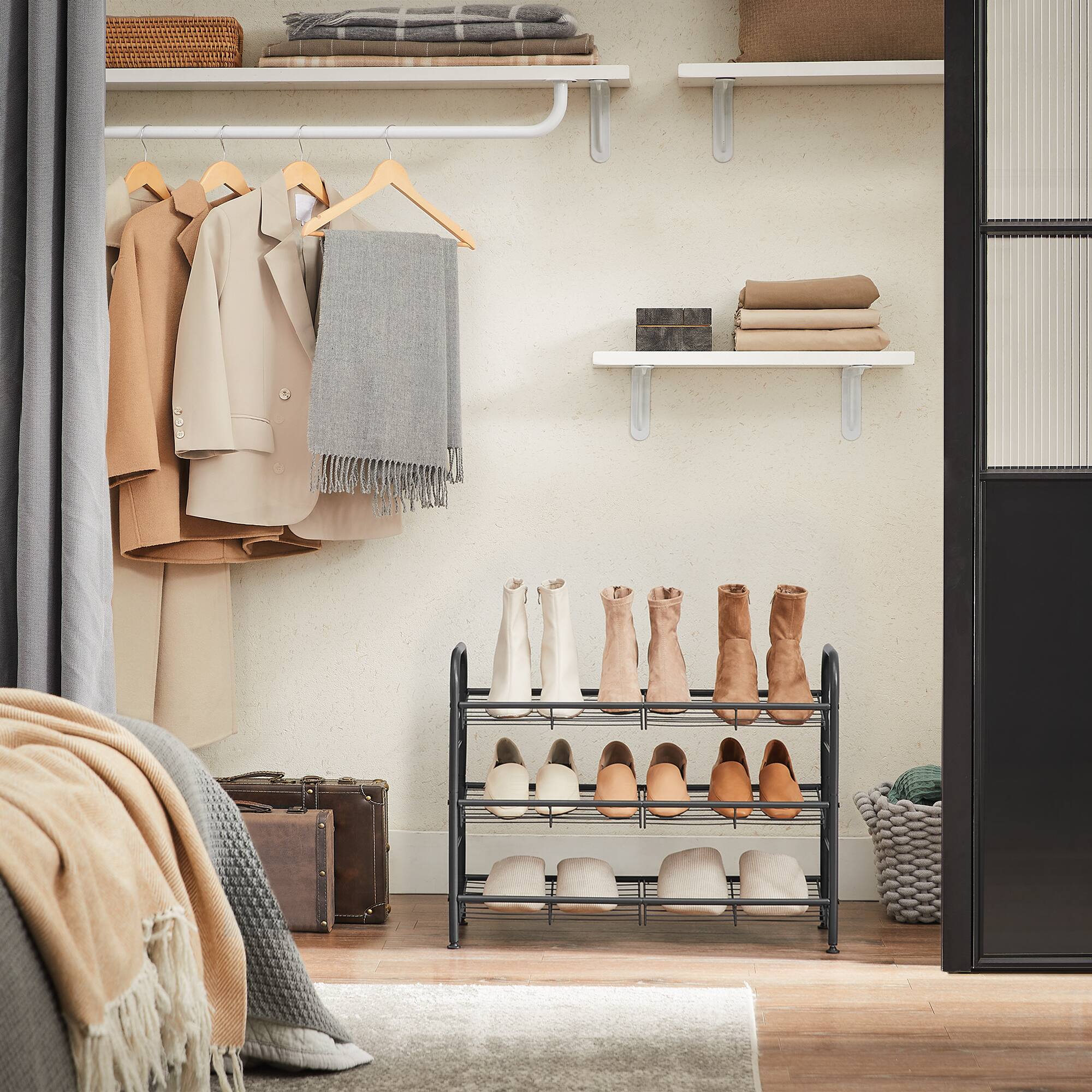 Back. Songmics Home - Shoe Rack, 3 Tier Shoe Organizer for Closet, Holds up to 12 Pairs of Shoes, Shoe Rack for Front Door Entrance - Black.