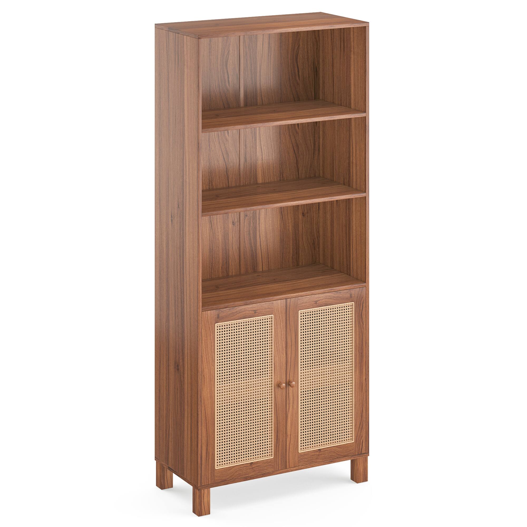 Angle. GOODSILO - Five-Tier Tall Bookcase with Decorative Rattan Doors for Living Room Bedroom or Home Office Storage - Natural.