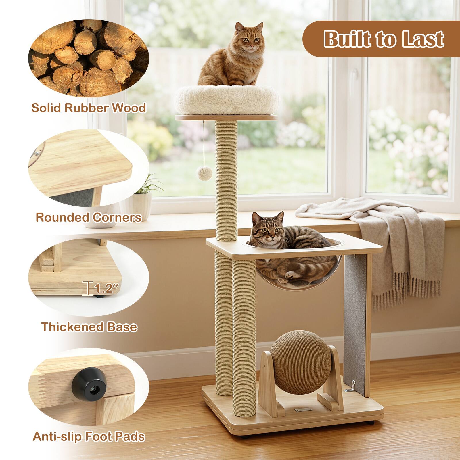 Built to Last  
Solid Rubber Wood  
Rounded Corners  
1.2" Thickened Base  
Anti-slip Foot Pads