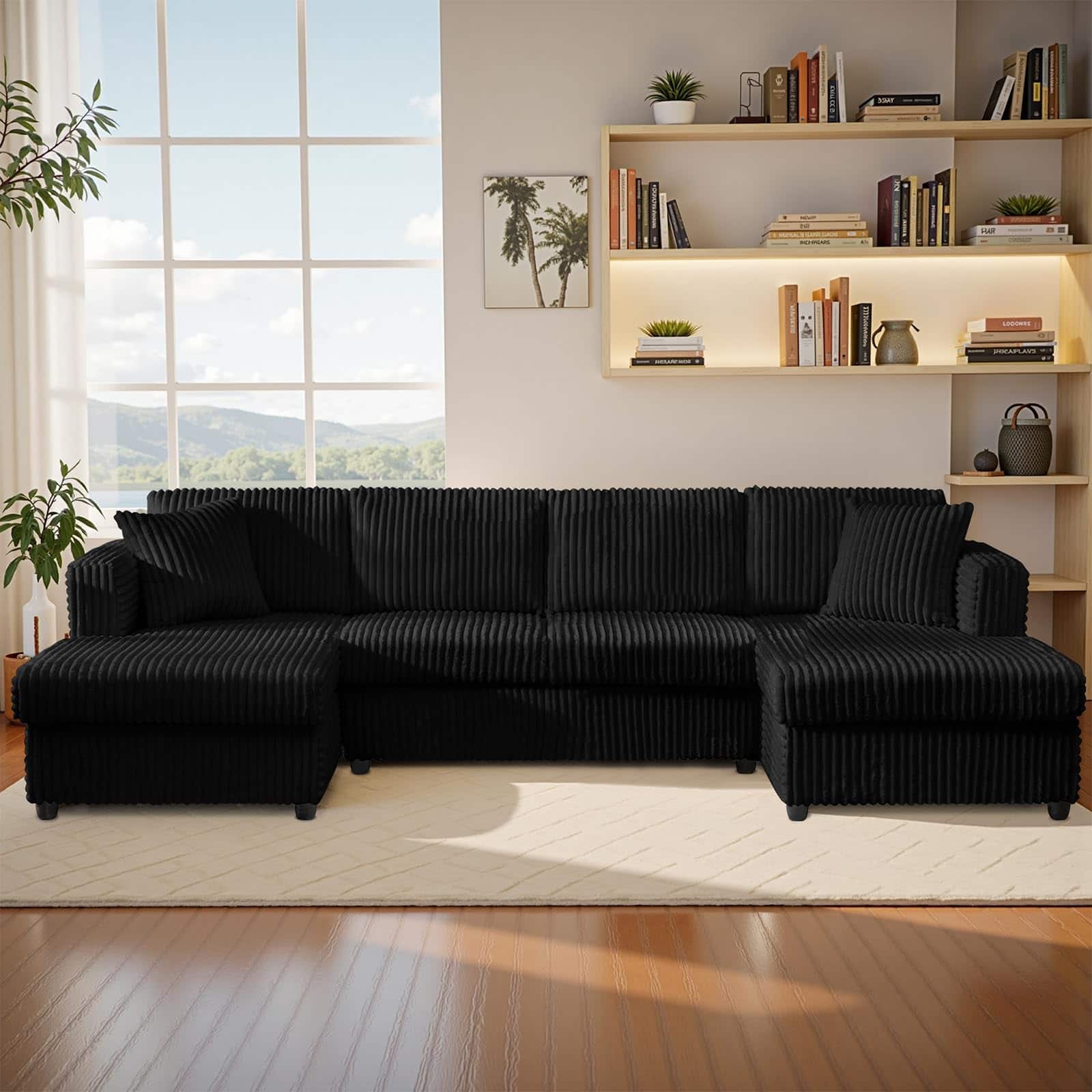 Meqiodas - 4 Seater Oversized  Modular Sectional Sofa, U Shaped Extra Large Corduroy Couch with Double Chaises - Black