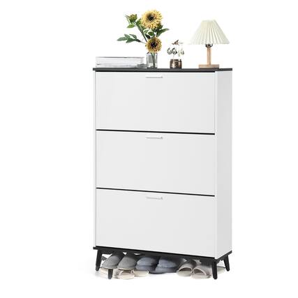 Front. Babevy - 47" Farmhouse Shoe Cabinet with 3 Flip Drawers - Freestanding Narrow Entryway Storage, White Shoe Rack Organizer - White.