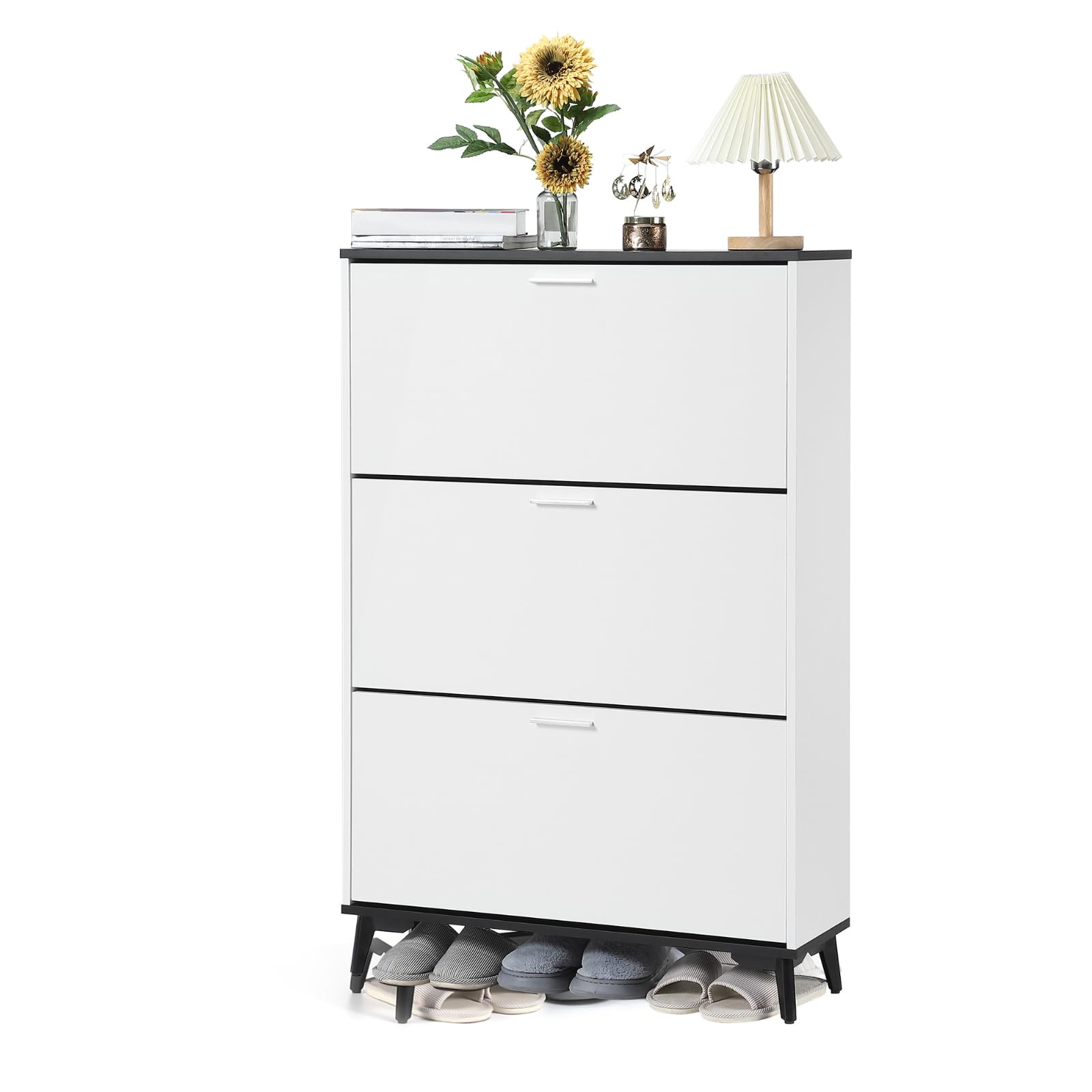 Front. Babevy - 47" Farmhouse Shoe Cabinet with 3 Flip Drawers - Freestanding Narrow Entryway Storage, White Shoe Rack Organizer - White.