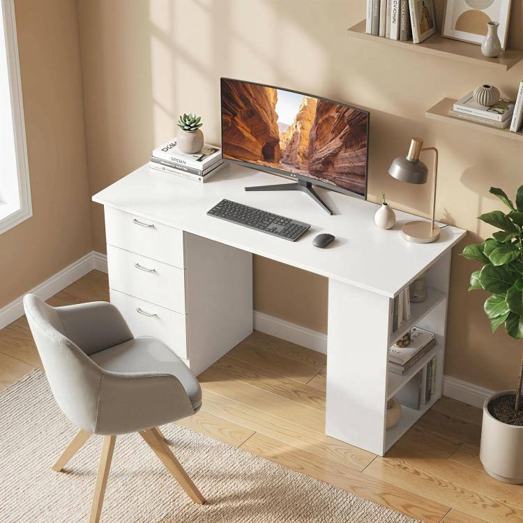 Alt View 1. PULUZ - 47 inch Modern Home Office Computer Desk Bookcase Combo Writing Table Workstation with 3 Drawer and Storage Shelf - White.