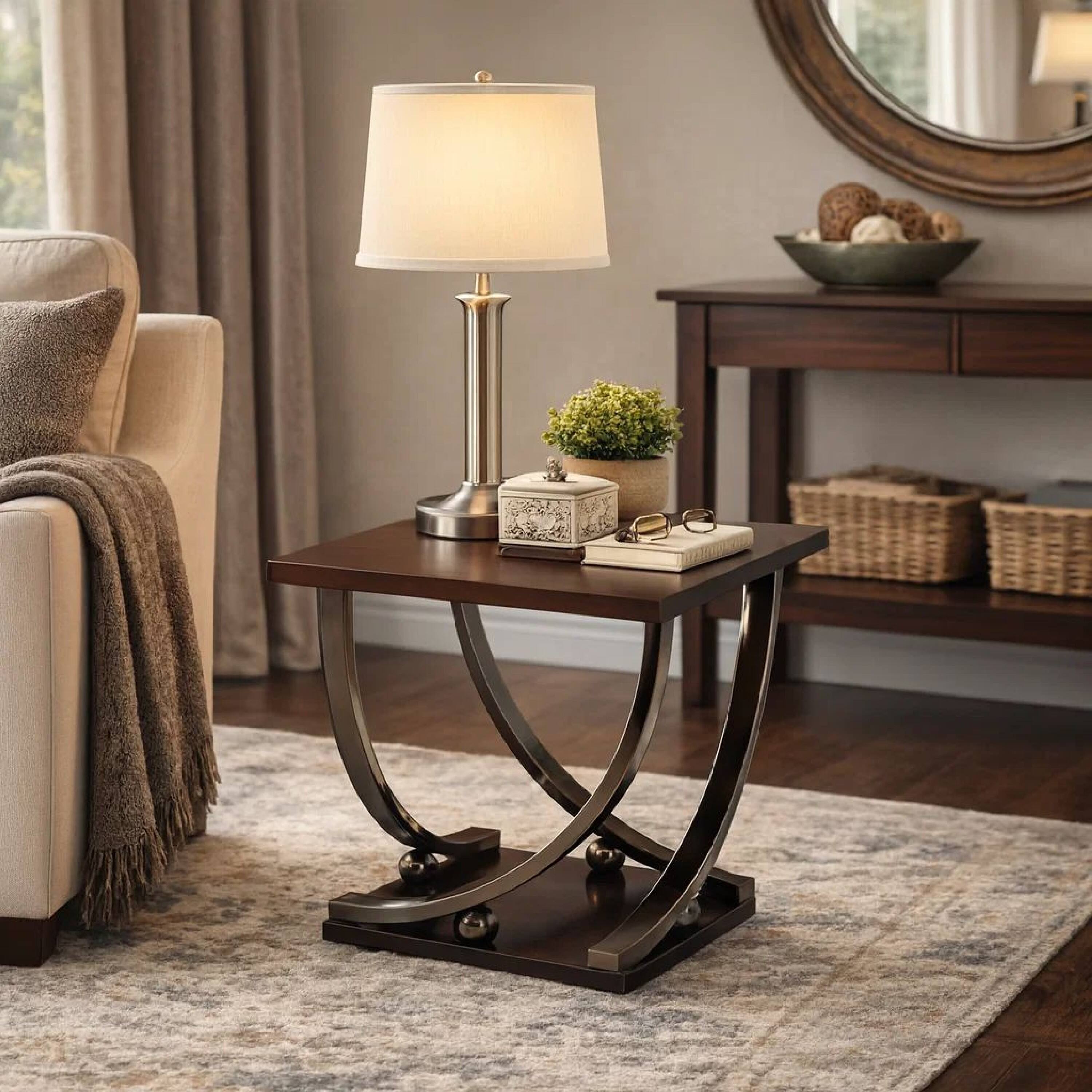 Alt View 7. Manhattan Lane - Wood and Metal End Table with Sweeping Legs - Brown and Black.