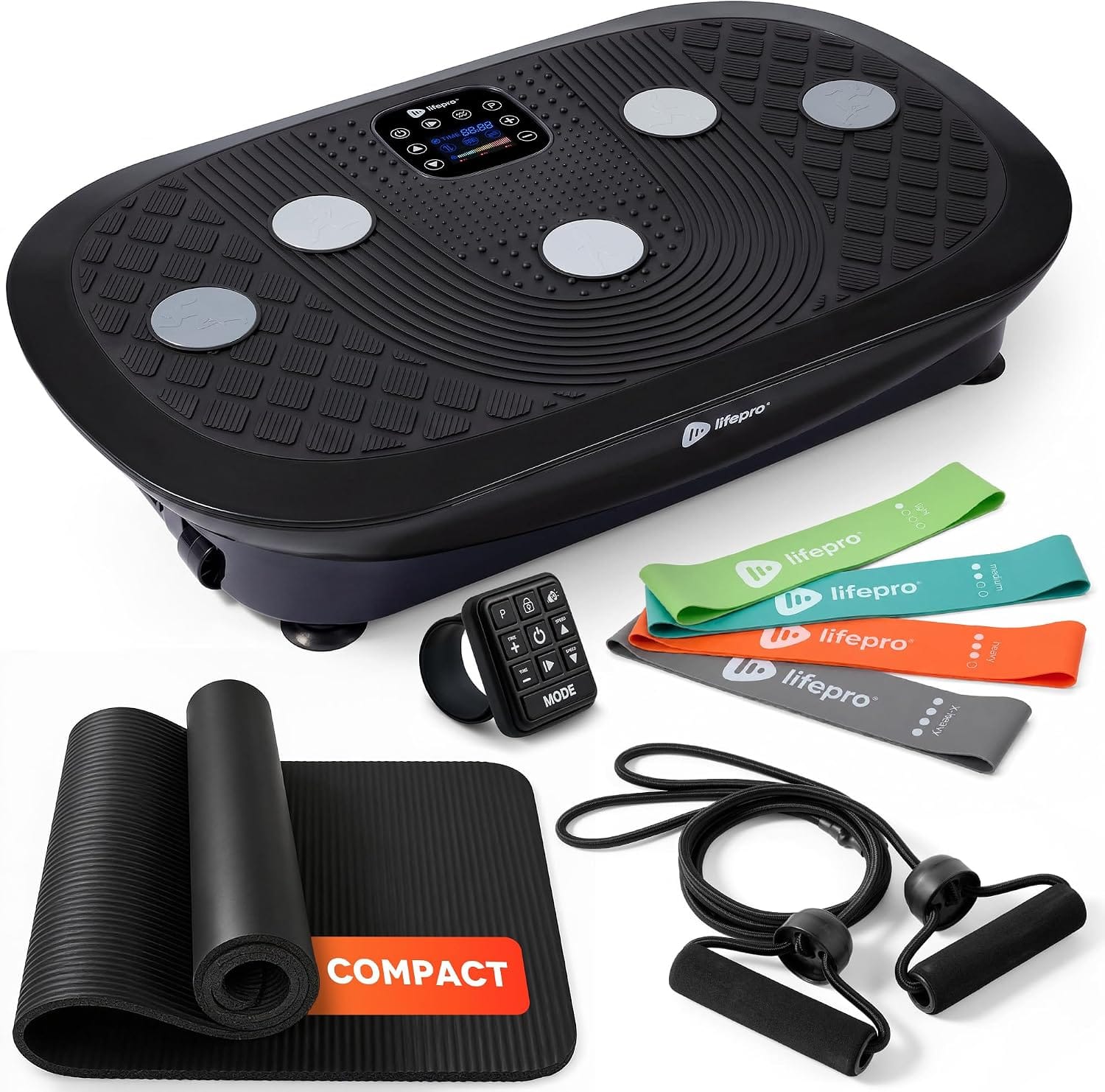 LifePro - Rumblex Plus Mini 4D Vibration Plate Exercise Machine, 3-Motor Vibrating Plate with 60 Speeds & Bands - Black