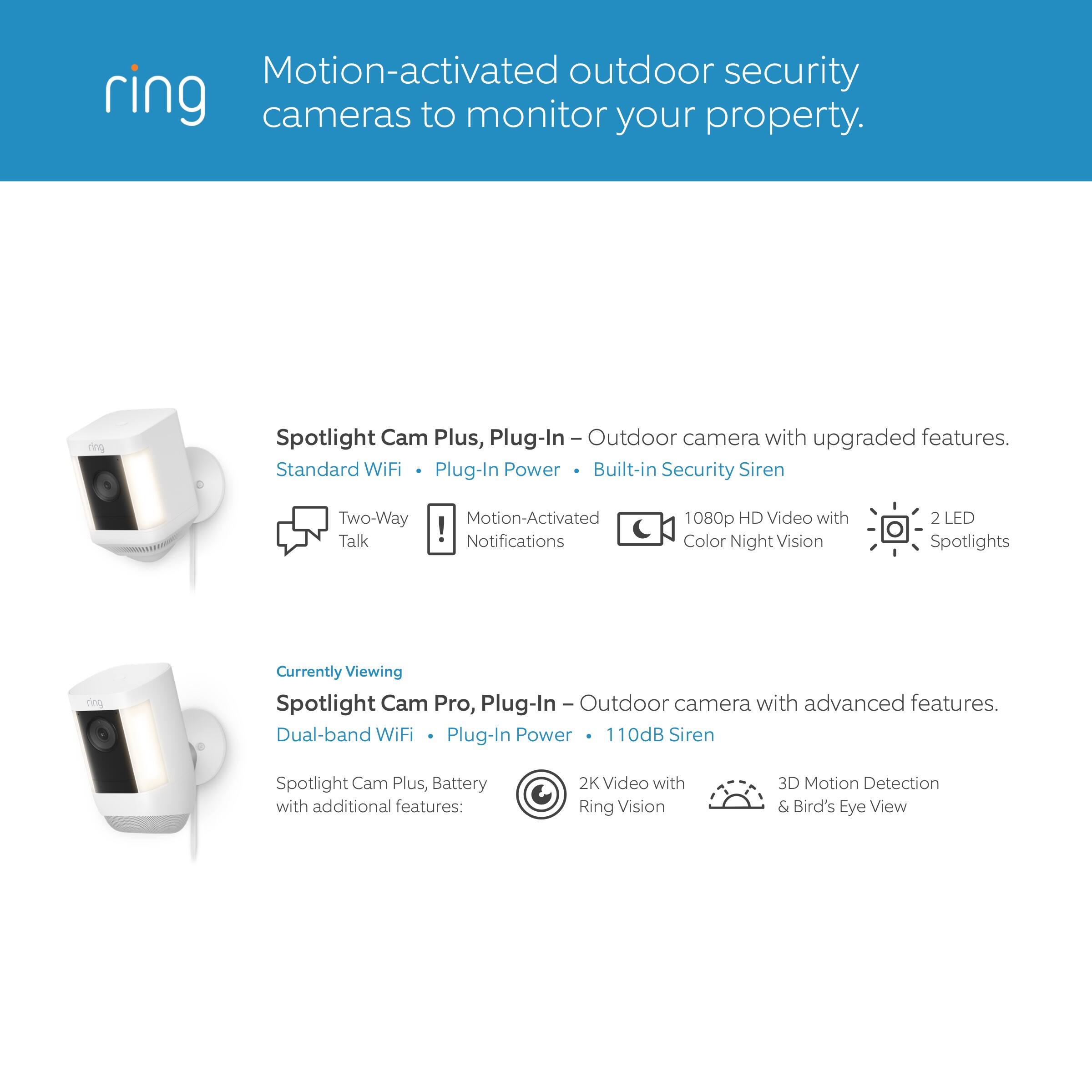 Motion-activated outdoor security cameras to monitor your property. Ring Spotlight Cam Plus, Plug-In Outdoor camera with upgraded features. Standard WiFi Plug-In Power Built-in Security Siren Two-Way Motion-Activated Talk Notifications 1080p HD Video with Color Night Vision 2 LED Spotlights Currently Viewing Spotlight Cam Pro, Plug-In Outdoor camera with advanced features. Dual-band WiFi Plug-In Power 110dB Siren Spotlight Cam Plus, Battery with additional features: 2K Video with Ring Vision 3D Motion Detection & Bird's Eye View