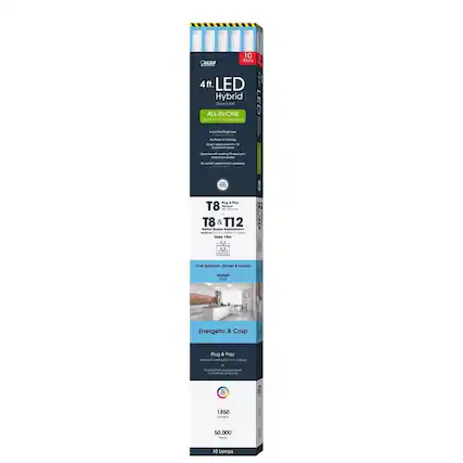 Sure, here is the corrected and grouped text from the image:
---
**10 Pack**
**4ft. LED Hybrid**
**ALL-IN-ONE LED**
- Instant full brightness
- No flicker or noise
- No mercury or toxic chemicals
- No UV rays
- No heat
- No warm-up time
- No socket replacement
**T8 & T12**
- Uses 15W
- 1850 Lumens
- 50,000 Hour
**Craft, Bathroom, Kitchen, Laundry**
**Energetic & Crisp**
**Plug & Play**
**10 Lamps**
---
This text is organized to reflect the product details and features as shown on the packaging.