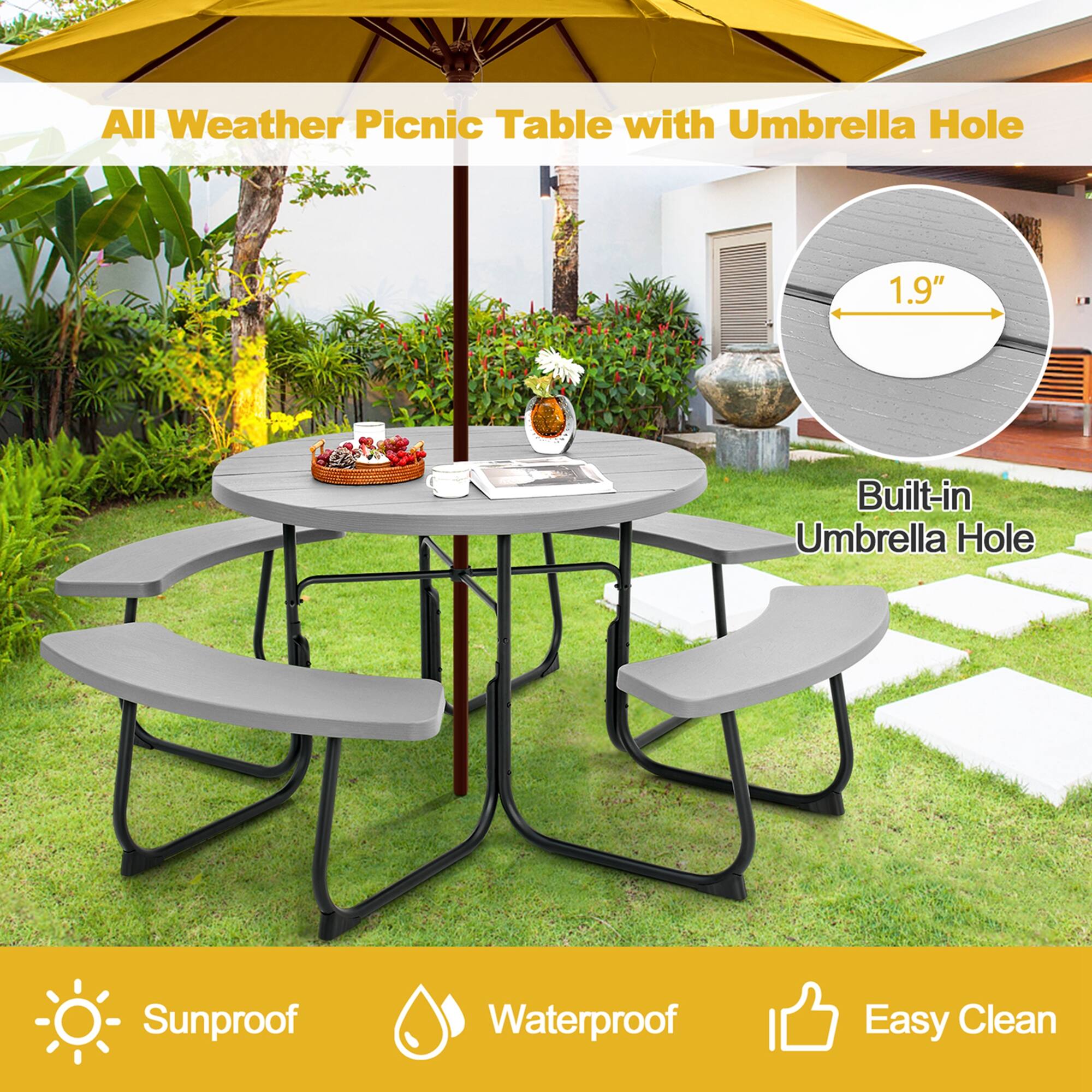 All Weather Picnic Table with Umbrella Hole

1.9" Built-in Umbrella Hole

Sunproof Waterproof Easy Clean