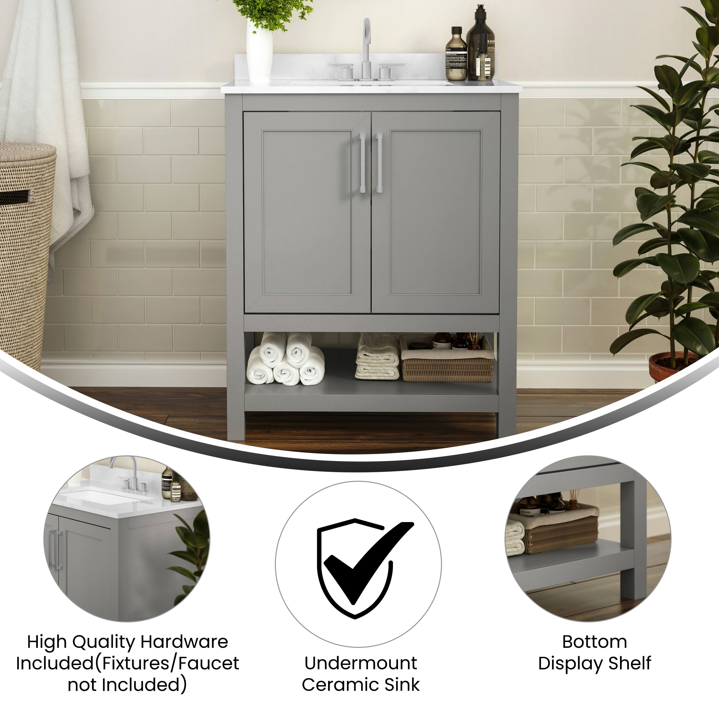 High Quality Hardware Included (Fixtures/Faucet not Included)  
Undermount Ceramic Sink  
Bottom Display Shelf