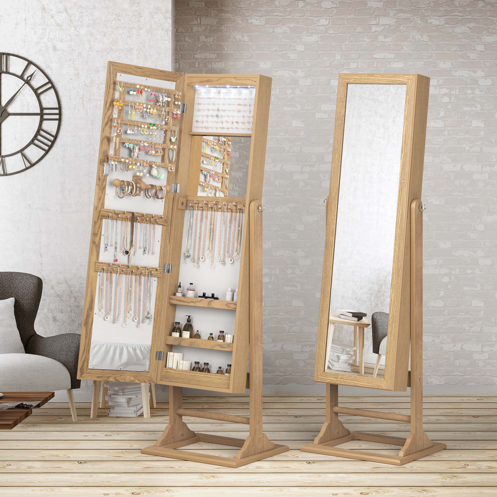 Alt View 1. Costway - Costway Jewelry Cabinet Full-Length Mirror Lockable Jewelry Armoire with 6 Lights - Natural.