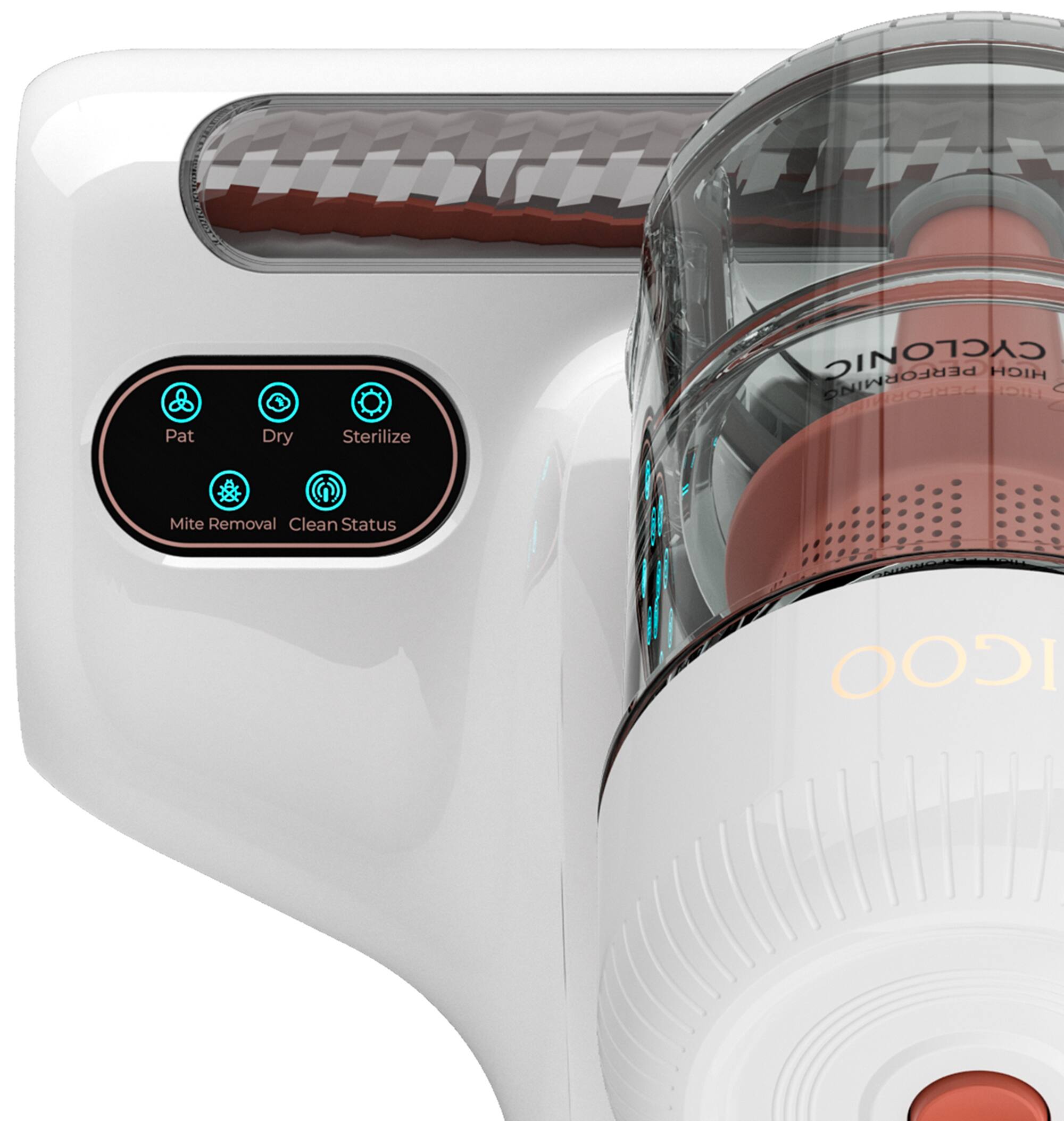 The text on the image reads: "Swch SOLUN Pat Dry Sterilize CYCLONIC CNICOON HOIH LC C O-RA C Mite Removal Clean Status."