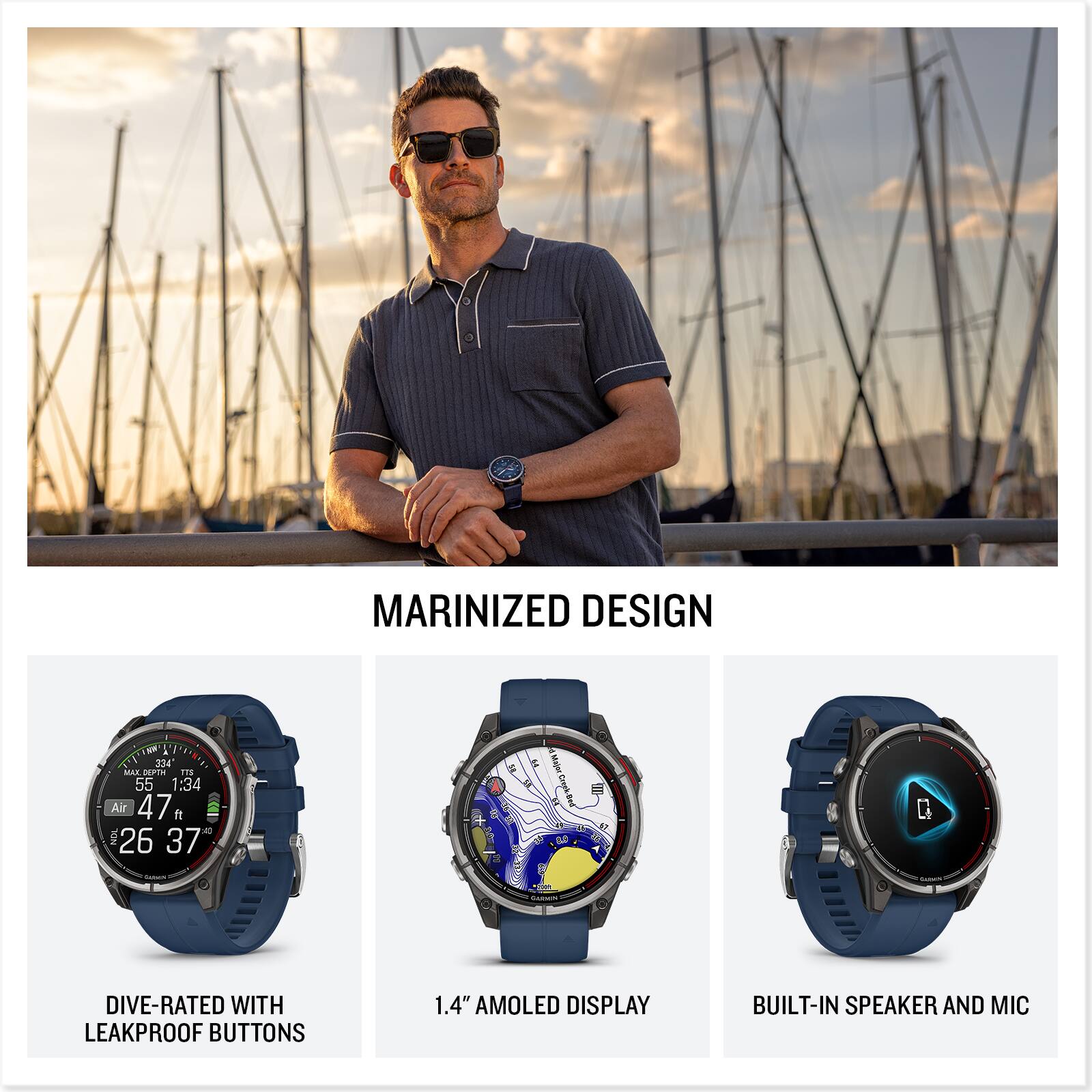 MARINIZED DESIGN - A 334 MAK P1M IIS 55 1:34 I Air 47 ft - NEE 26 37 - - I Craph t - NT C DIVE-RATED WITH LEAKPROOF BUTTONS 1.4" AMOLED DISPLAY BUILT-IN SPEAKER AND MIC
