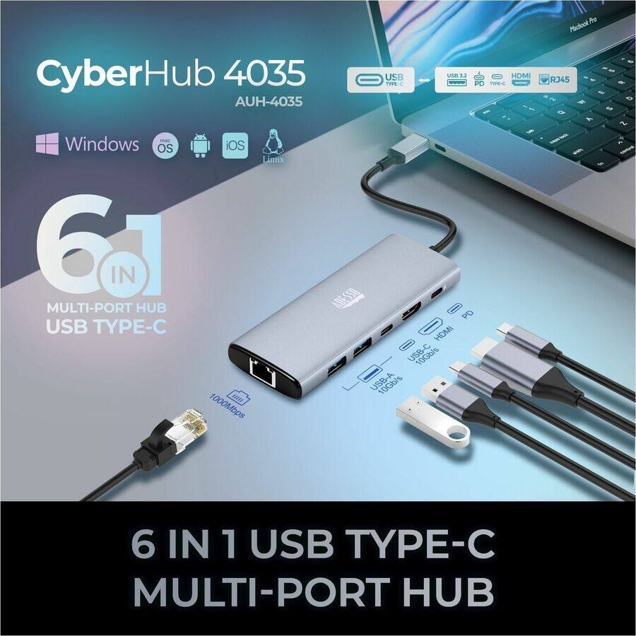 CyberHub 4035  
AUH-4035  

6 IN 1 MULTI-PORT HUB  

USB TYPE-C  
USB 3.2 PD TYPE-C  
HDMI  
RJ45  

Windows  
iOS  
Linux  

6 IN 1 USB TYPE-C MULTI-PORT HUB
