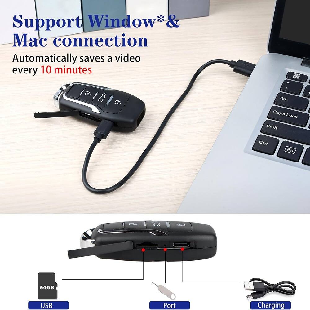 Support Window* & Mac connection  
Automatically saves a video every 10 minutes  

64GB  
USB  
Port  
Charging