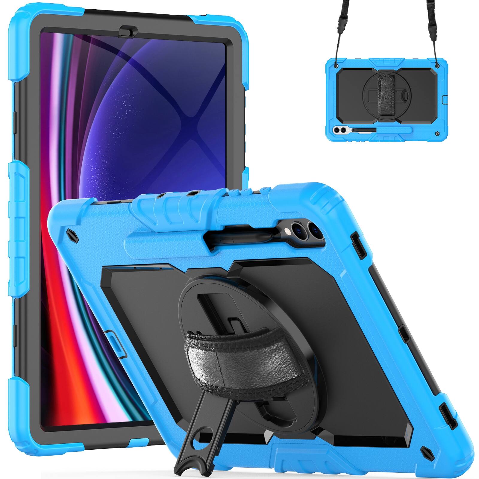 Angle. UUCOVER - Full Body Case for Samsung Galaxy Tab S10+ 12.4" X820/X826B/X828U Built-in Screen Protector Stand Shoulder Strap Cover - Black+Lightblue.