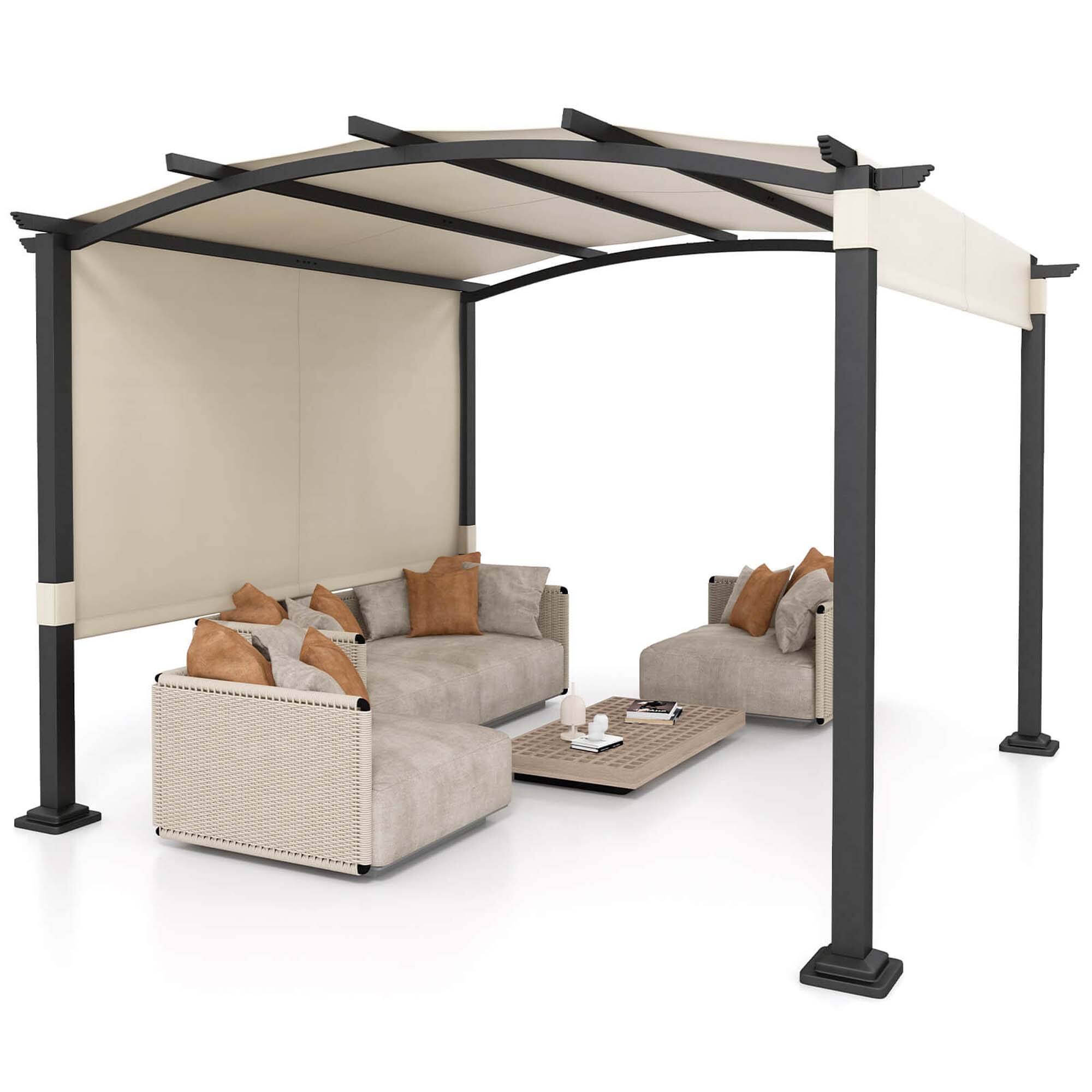 Alt View 1. Costway - 10' x 10' Outdoor Pergola with Retractable Sunshade Canopy Anchored Plates Patio - Beige + Black.
