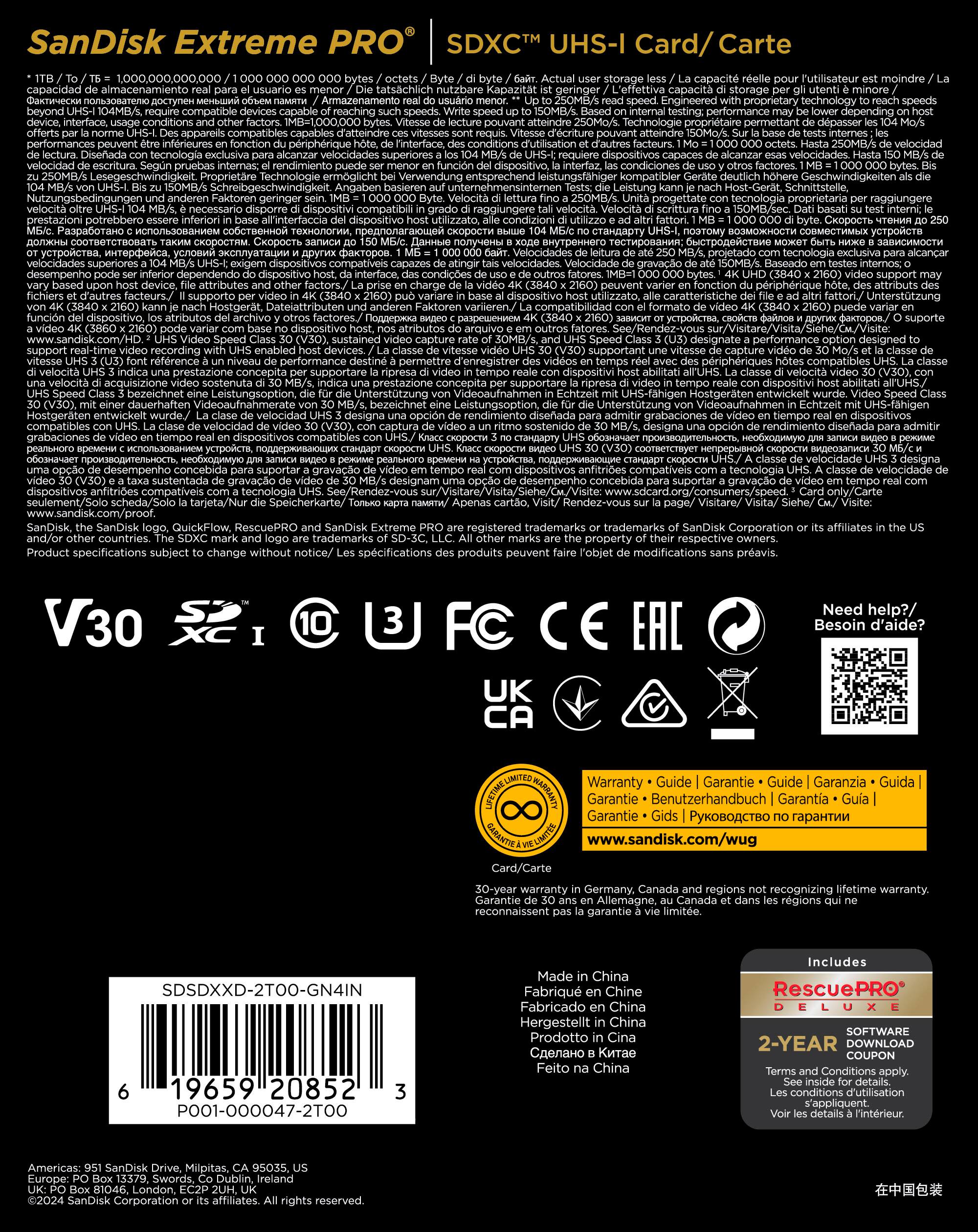 SanDisk Extreme Pro SDXC UHS-I Card:

* Storage capacit utilisateur: 32 Go
* Technologie SOMBA: Proprietare
* Velocit: 104MB/s
* Interface: 104MB/s
* Compatible avec: Periphérique interface
* Facteurs: Velocit, technologie, rendimiento, dispositivo, condiciones, acteurs
* 25OMB/s: Proprietare Technologie
* Kompatibler: SOMBA Schnittstelle
* Velocit projette: 5OMB/sec
* Velocidades: Projetées velocités compativeis velocidades
* Velocidade SOMB/: Baseado dependendo attributes charge peuvent fonction priphrique d'autres facteurs.
* Supporto dispositivo: attori/ anderen Faktoren
* Formato: funcin dispositivo, atributs
* Sustained capture recording enabled supportant permettre d'enregistrer compatibles velocit concepita dispositivi abilitati bezeichnet.
* Echtzeit Hostgerten entwickelt desi: Untersttzung Videoaufnahmen dauerhaften bezeichnet.