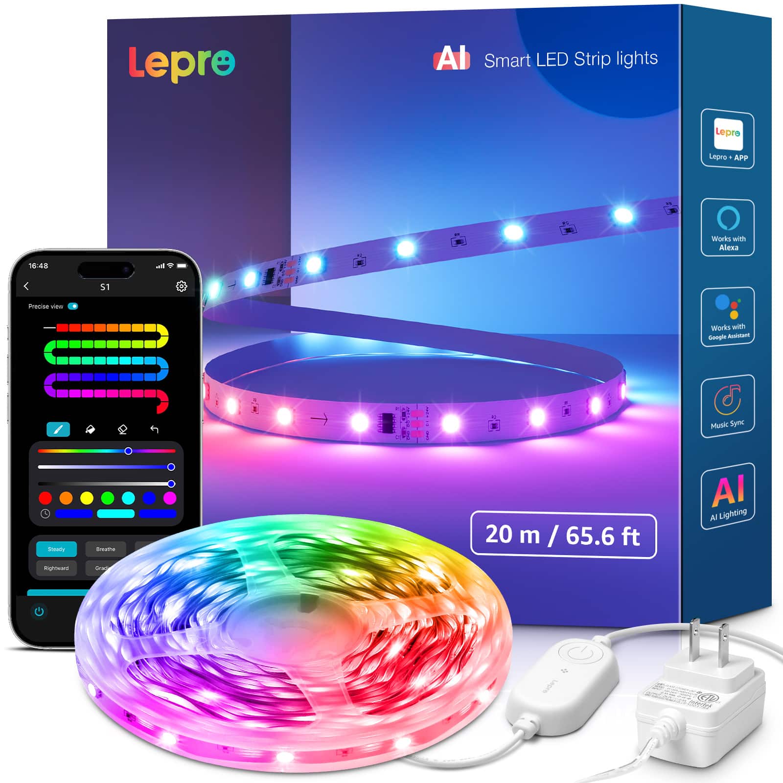 Lepro Smart LED Strip Lights Lepro APP Works with Alexa 16:48 a 51 Frezise wiew Works with Google Assistant Music Sync Speedy Brightness 20 m / 65.6 ft Al Al Lighting Rigoe SENp -OM E GED
