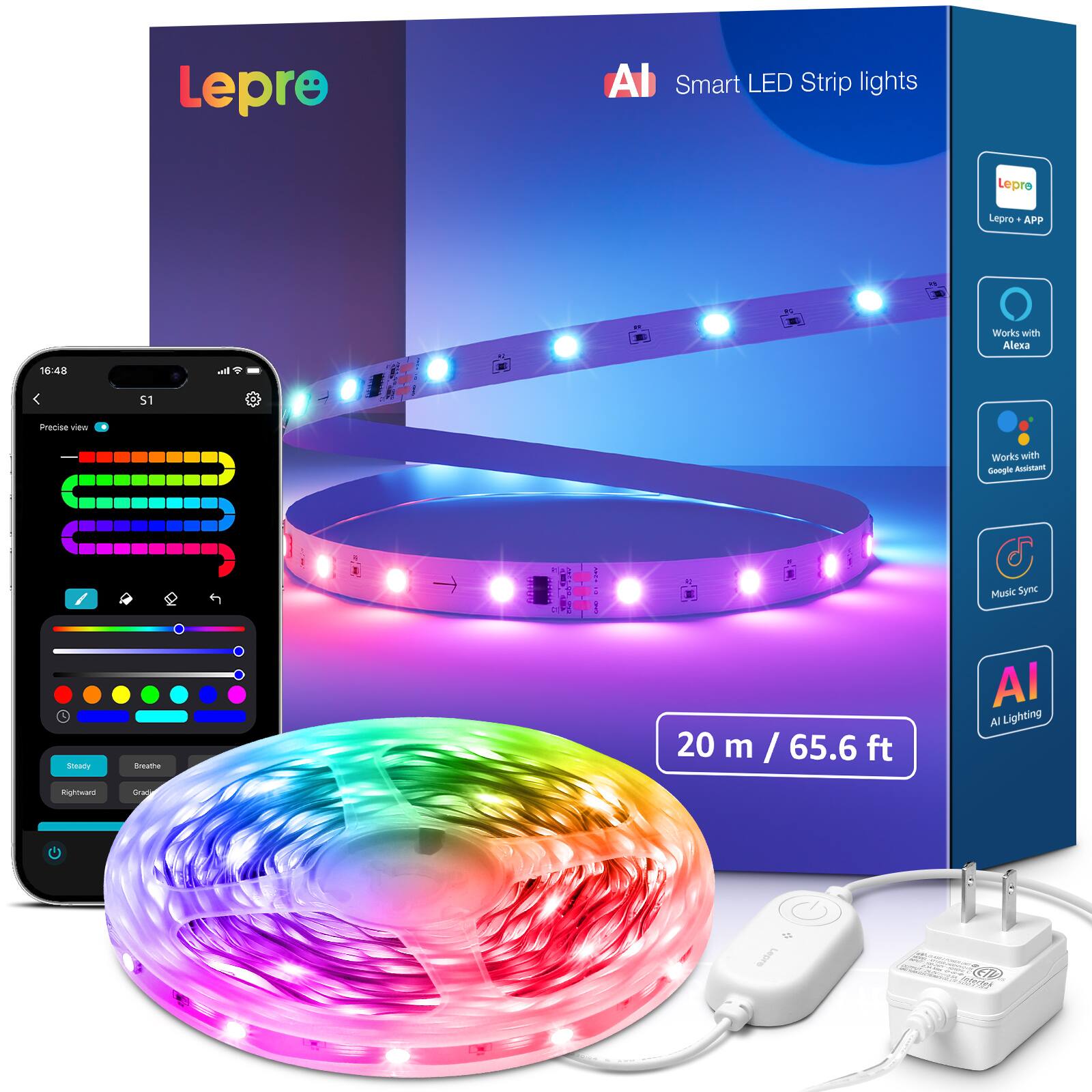 Lepro - S1 65.6ft. AI Smart LED RGBIC Strip Lights, Wi-Fi Bluetooth APP Control - Multicolor