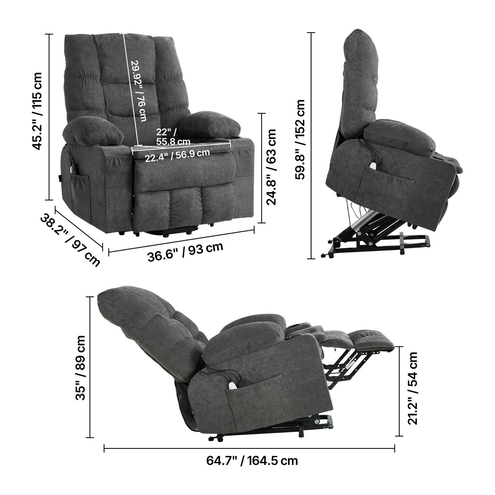 - Height: 45.2" / 115 cm
- Width: 38.2" / 97 cm
- Depth: 29.92" / 76 cm
- Seat Height: 22" / 55.8 cm
- Seat Depth: 22.4" / 56.9 cm
- Armrest Height: 24.8" / 63 cm
- Back Height: 36.6" / 93 cm
- Reclined Length: 64.7" / 164.5 cm
- Reclined Depth: 21.2" / 54 cm
- Reclined Height: 59.8" / 152 cm