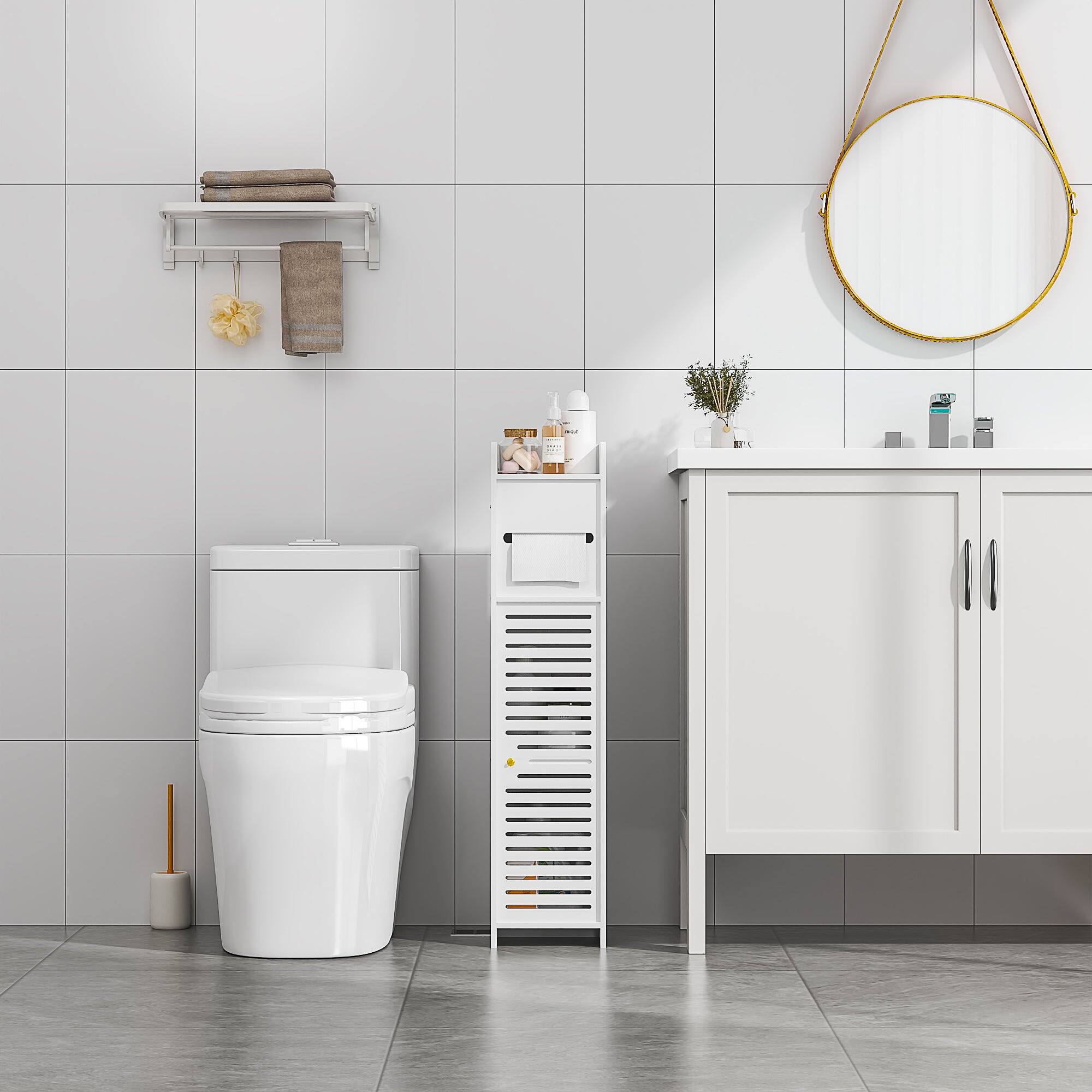 Angle. Vecelo - Narrow Bathroom Storage Cabinet with Toilet Paper Organizer-Space-Saving, Perfect for Small Bathrooms & Next to Toilets - White.