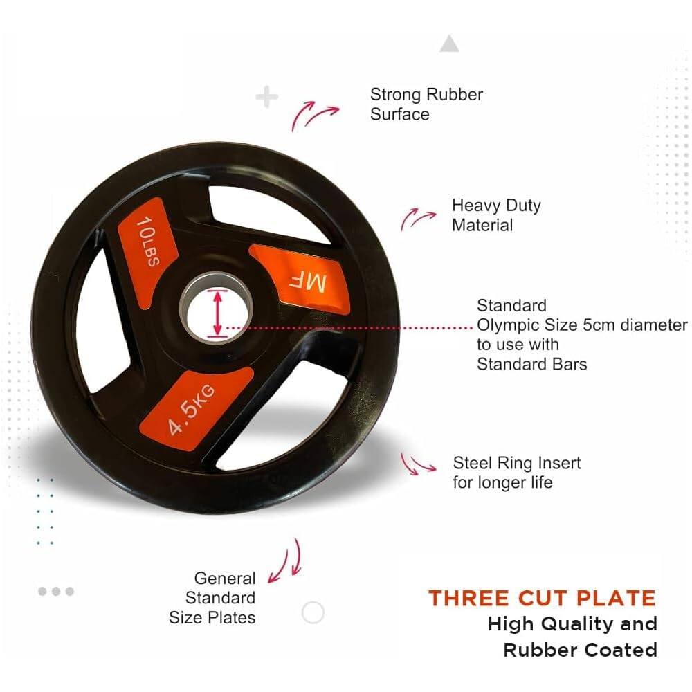 - Strong Rubber Surface
- 10LBS 4.5KG
- MF
- Heavy Duty Material
- Standard Olympic Size 5cm diameter to use with Standard Bars
- Steel Ring Insert for longer life
- General Standard Size Plates
- THREE CUT PLATE
- High Quality and Rubber Coated