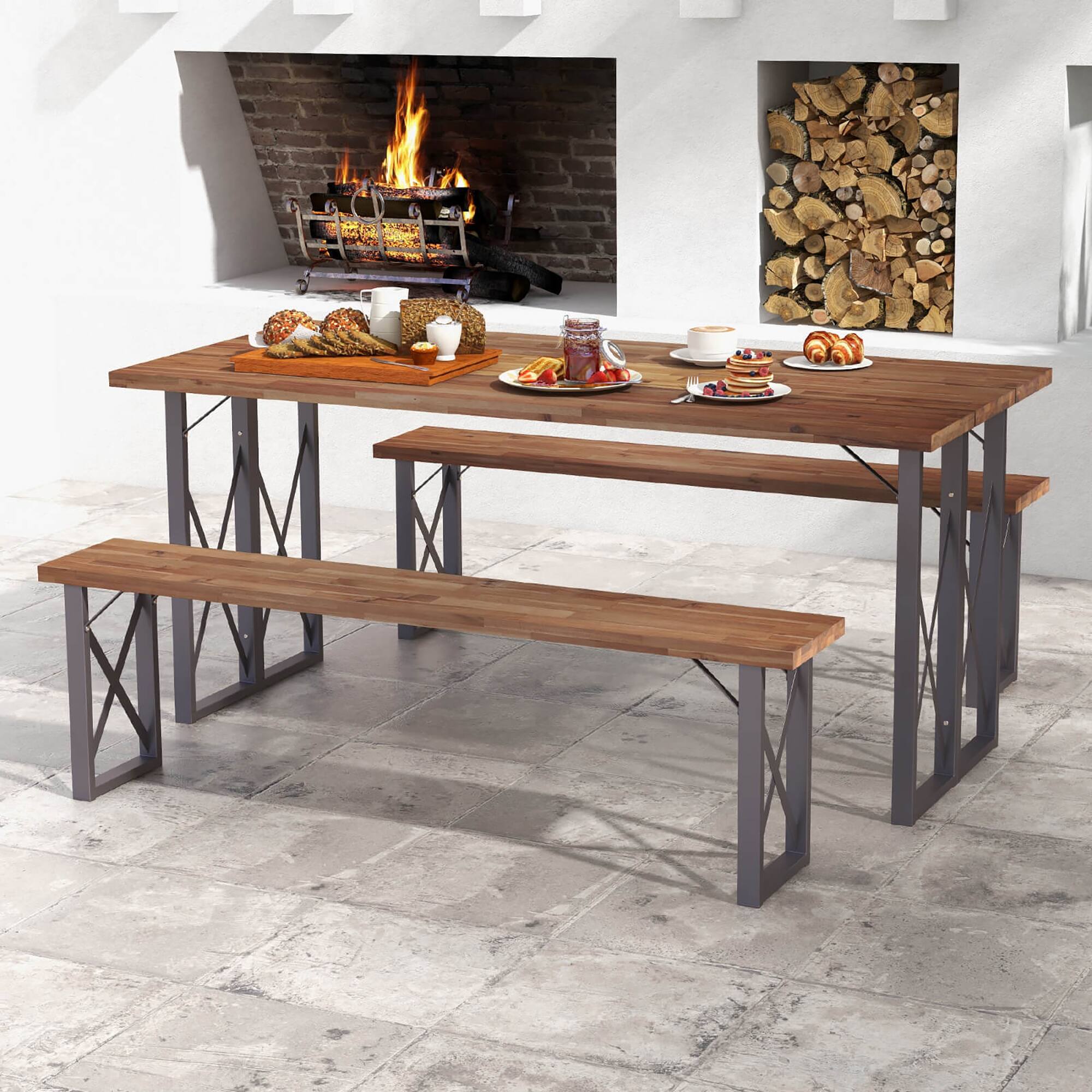 Alt View 1. Gymax - Gymax 59'' Outdoor Acacia Wood Benches Set of 2 for 2-3 Person w/ Metal Support - Natural, Black.