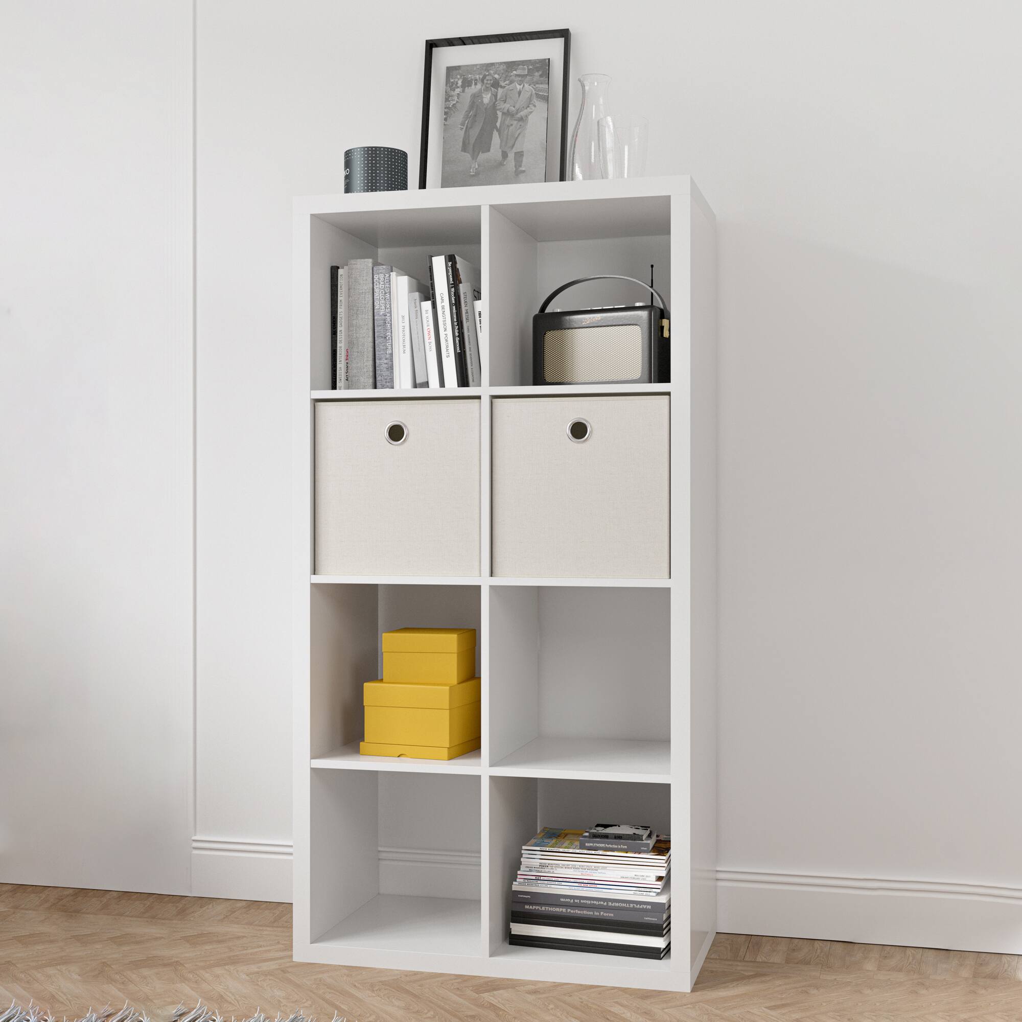 Angle. Spaco - 8 Organizer File Cabinet, 2 x 4 Bookcase Storage Shelf with Open Back Design, Modern Display Unit for Home Office - White.