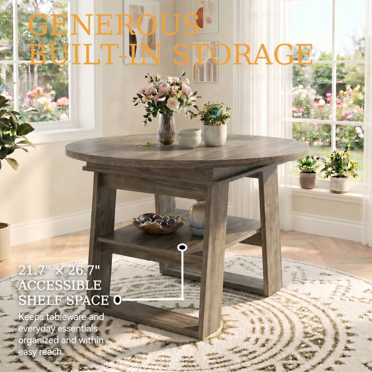 GENEROUS BUILT-IN STORAGE

21.7" X 26.7" ACCESSIBLE SHELF SPACE

Keeps tableware and everyday essentials organized and within easy reach.