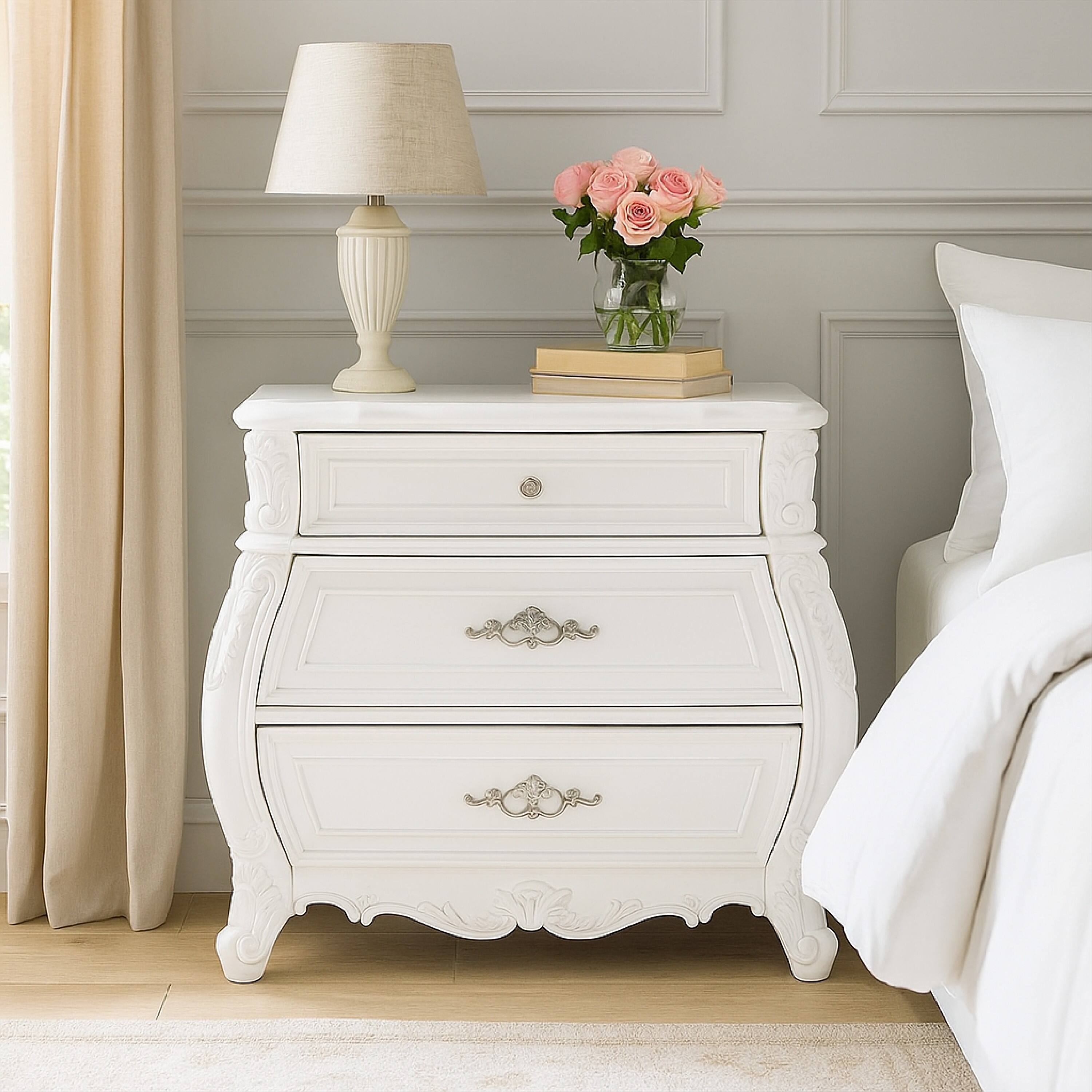 Alt View 5. Manhattan Lane - Valena Nightstand, 3 Drawers, White Solid Wood, Metal Handles, 31 Inch - White, Nickel.
