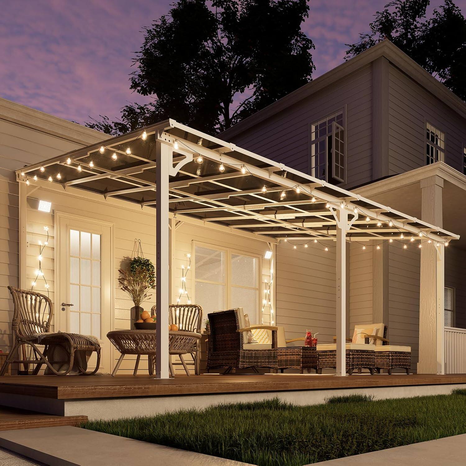 Angle. Yardgrace - 12'x 16' Outdoor Wall Mounted Lean-to Gazebo, Heavy Duty Sloped Roof Metal Awning for Patio, Decks & Backyard - White.