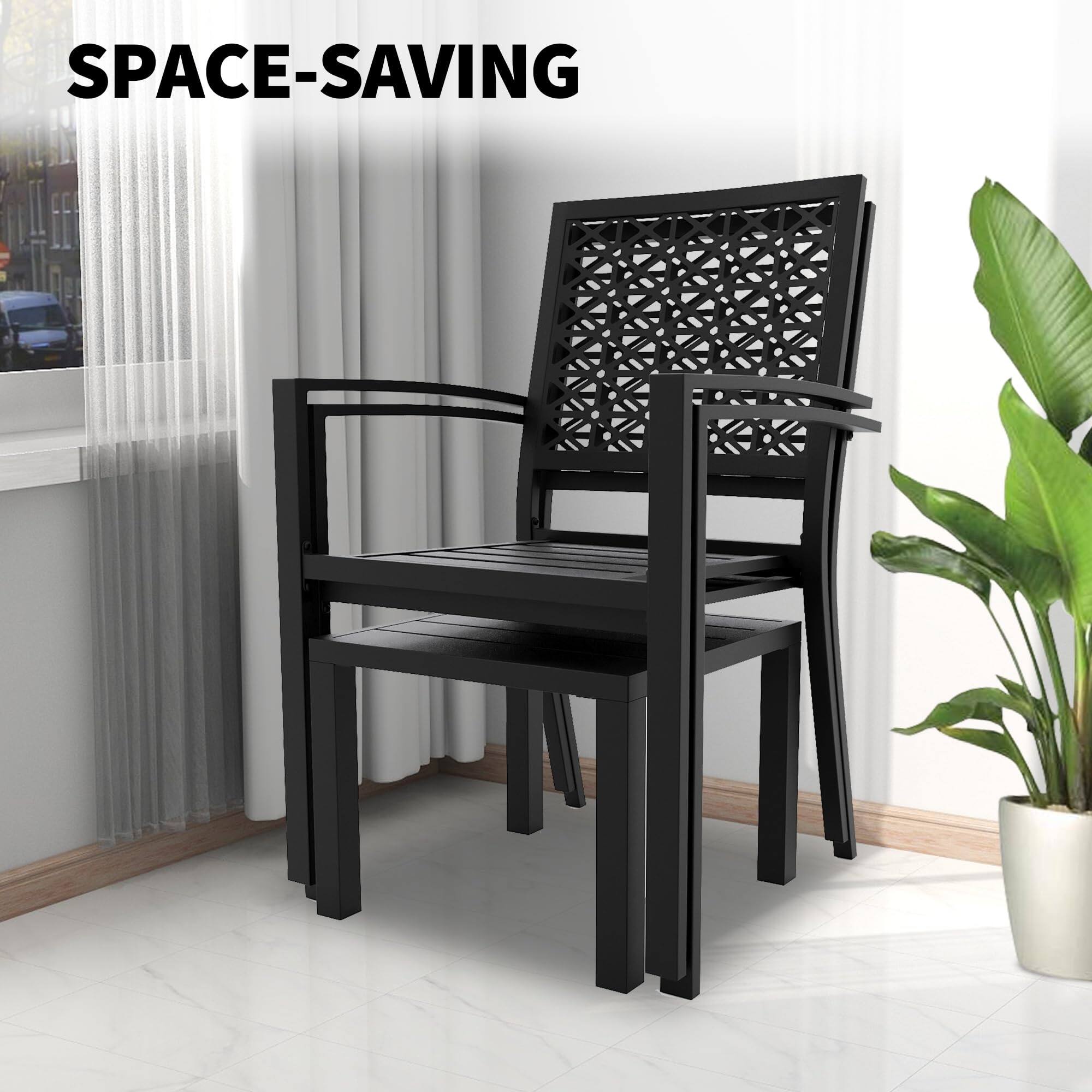 Back. Homhougo - 3-Piece Bistro Set, Outdoor Bistro Set, Stackable Metal Square Table and Chairs - Black.