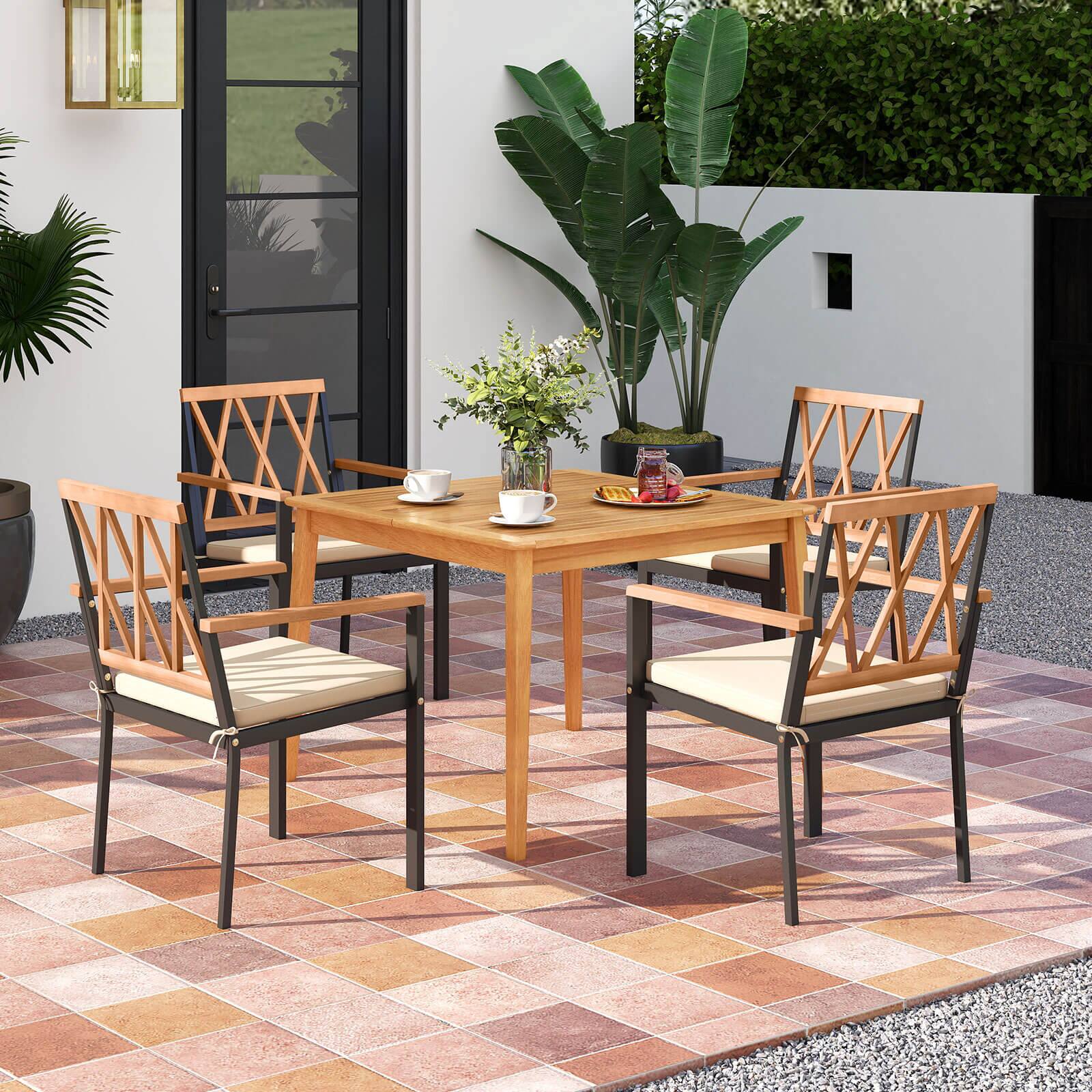 Alt View 3. Costway - Costway 5 PCS Patio Acacia Wood Dining Set with Soft Seat Cushions Umbrella Hole for Yard - Natural,Black.