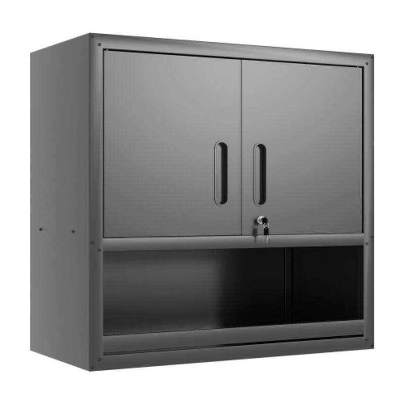Angle. ALEXOUN - Metal Wall-Mounted Tool Storage Cabinet - with Locking Door, 1 Shelf & 1 Open Drawer, for Garage, Office, Warehouse - Black.