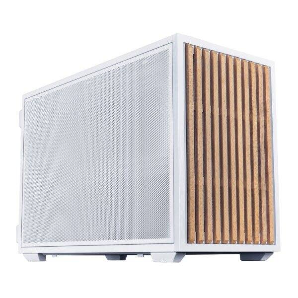 Angle. Lian Li - B4-mATX Beech Wood Compact SFF Computer Case Pre-installed 2 x 120mm Fans Rotating AC Inlet Horizontal/Vertical Setup - White.